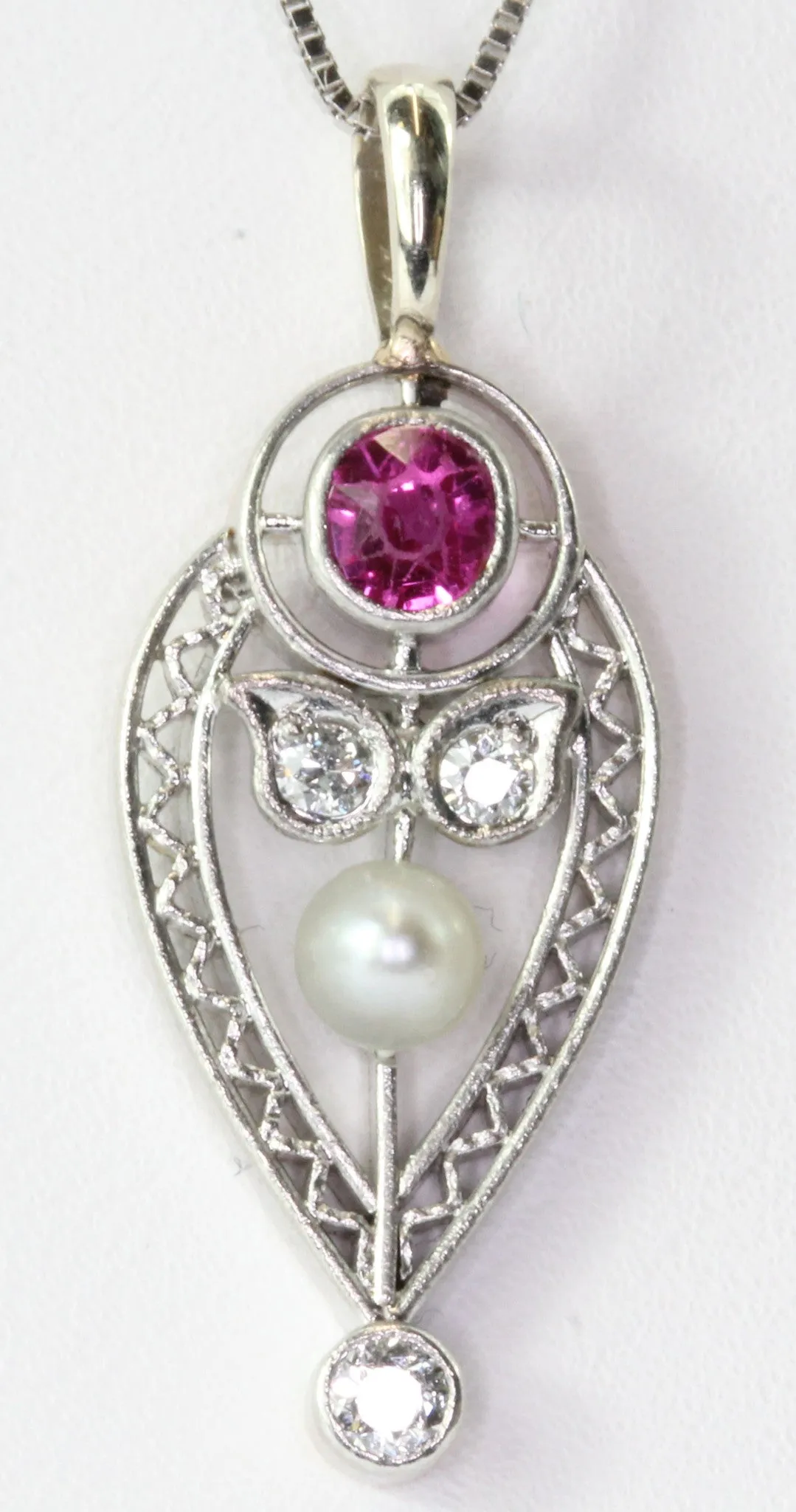 Art Deco 14K White Gold Pearl, Old European Cut Diamond & Ruby Necklace