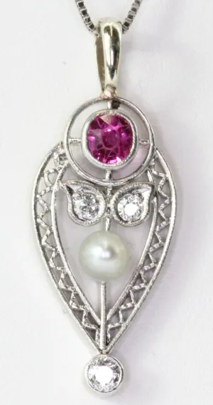 Art Deco 14K White Gold Pearl, Old European Cut Diamond & Ruby Necklace