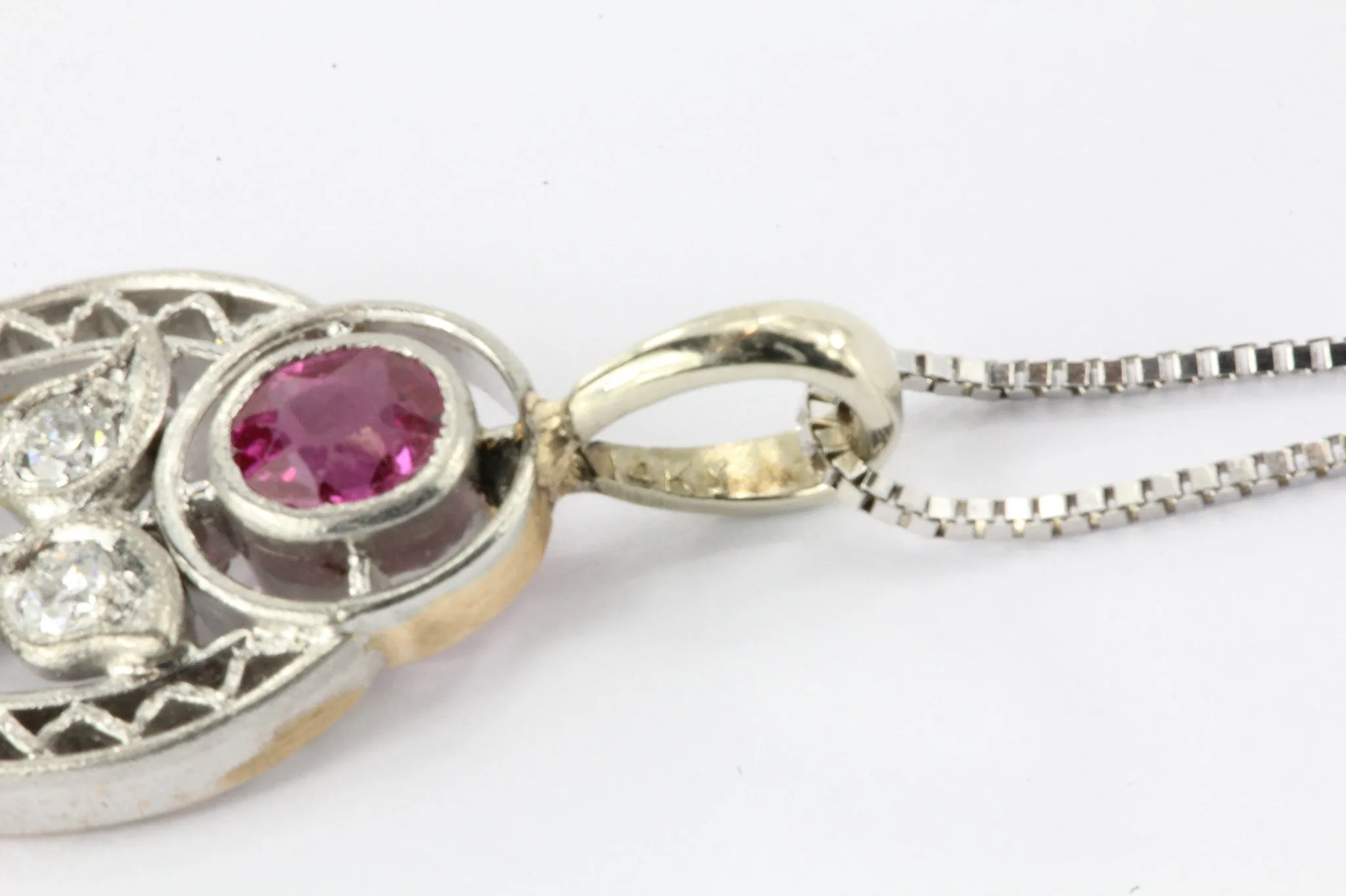 Art Deco 14K White Gold Pearl, Old European Cut Diamond & Ruby Necklace