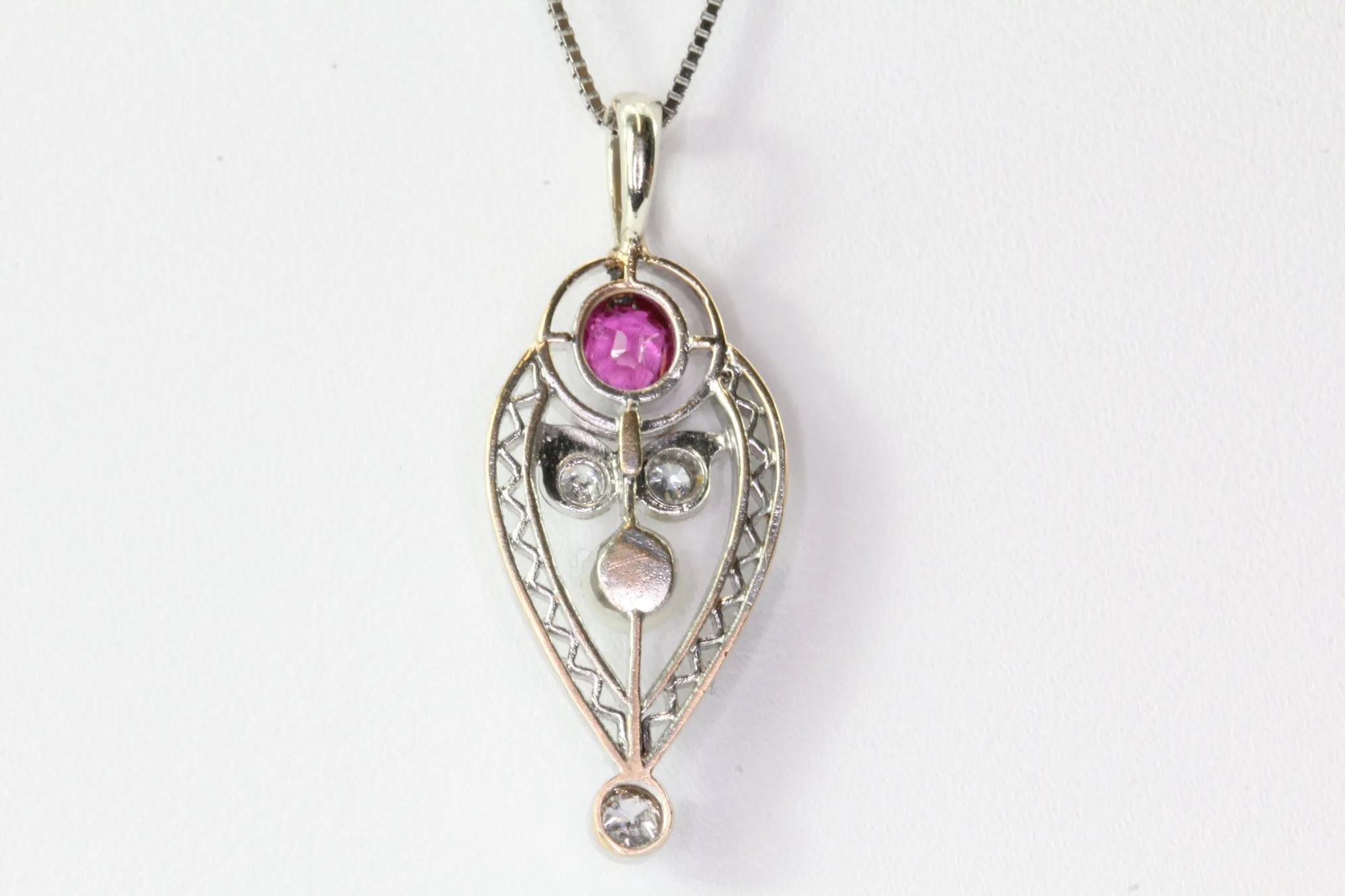 Art Deco 14K White Gold Pearl, Old European Cut Diamond & Ruby Necklace