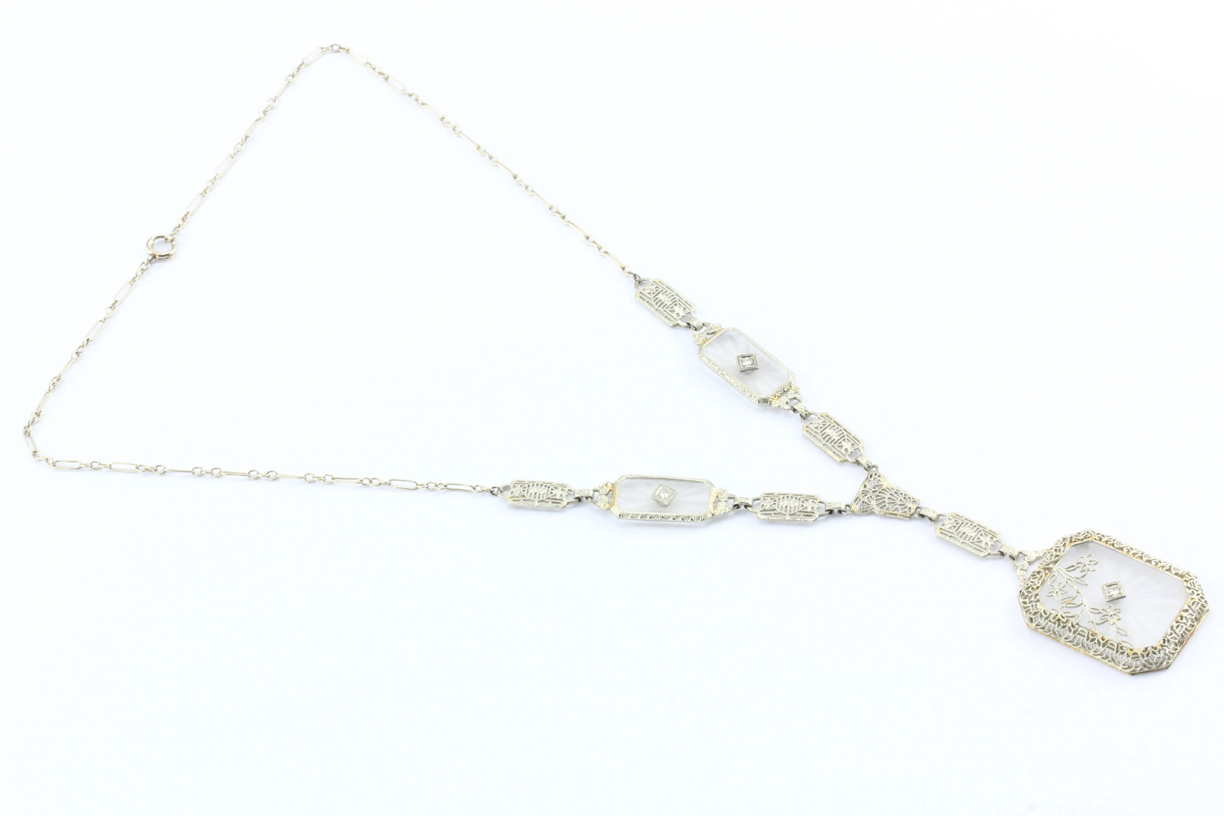 Art Deco 14K White Gold Rock Crystal Diamond Filigree Necklace c.1920's