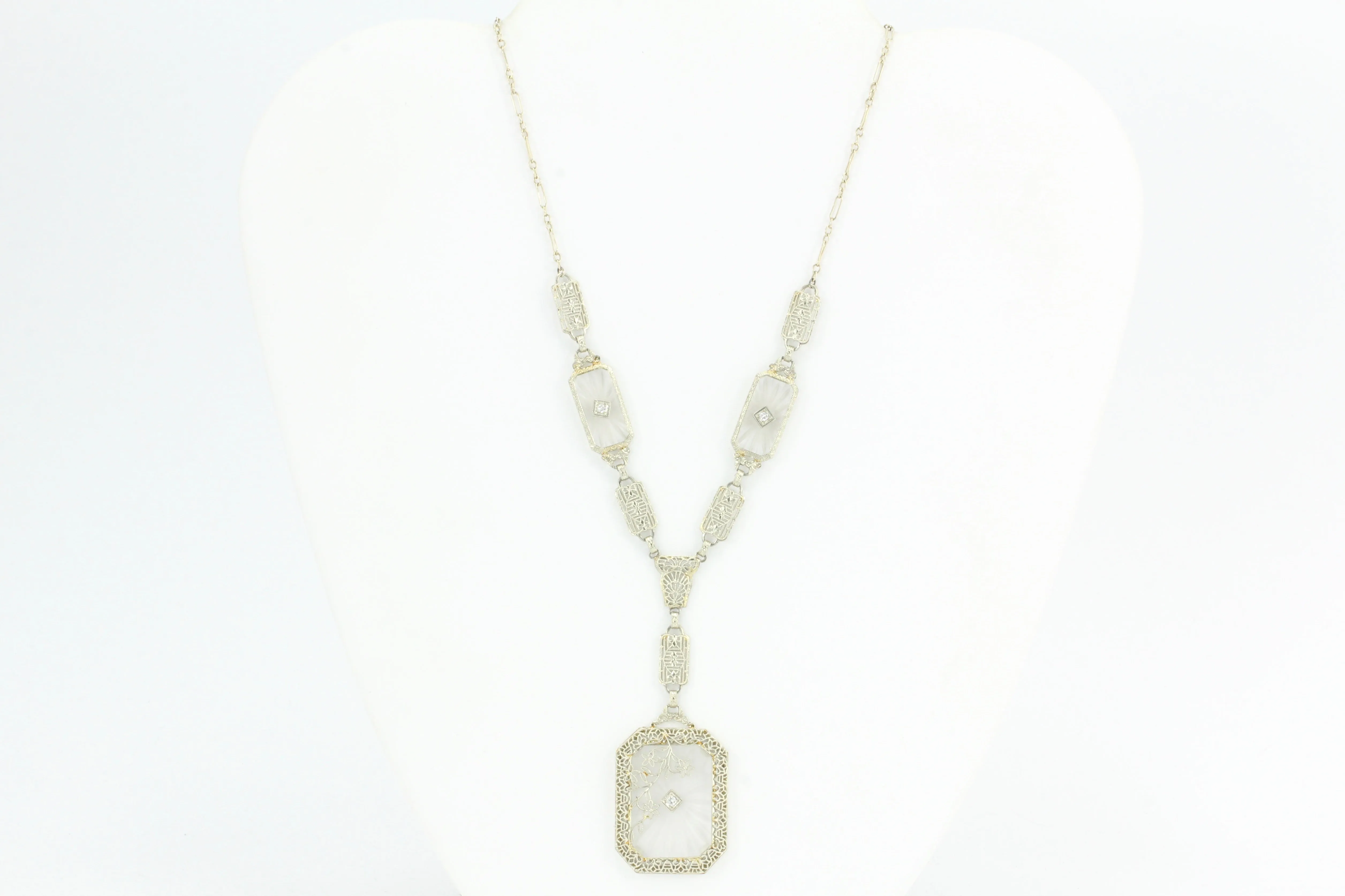 Art Deco 14K White Gold Rock Crystal Diamond Filigree Necklace c.1920's