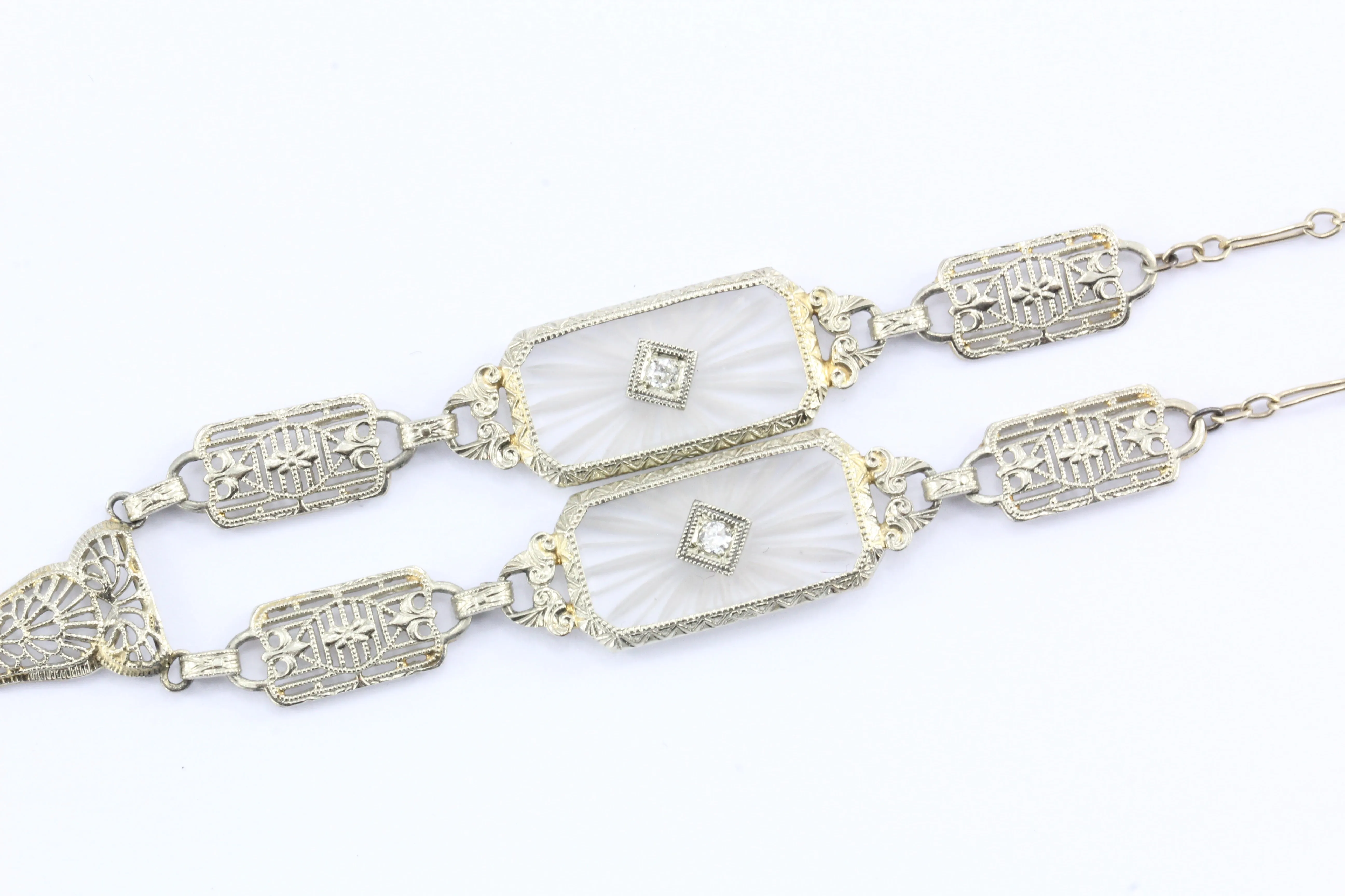 Art Deco 14K White Gold Rock Crystal Diamond Filigree Necklace c.1920's