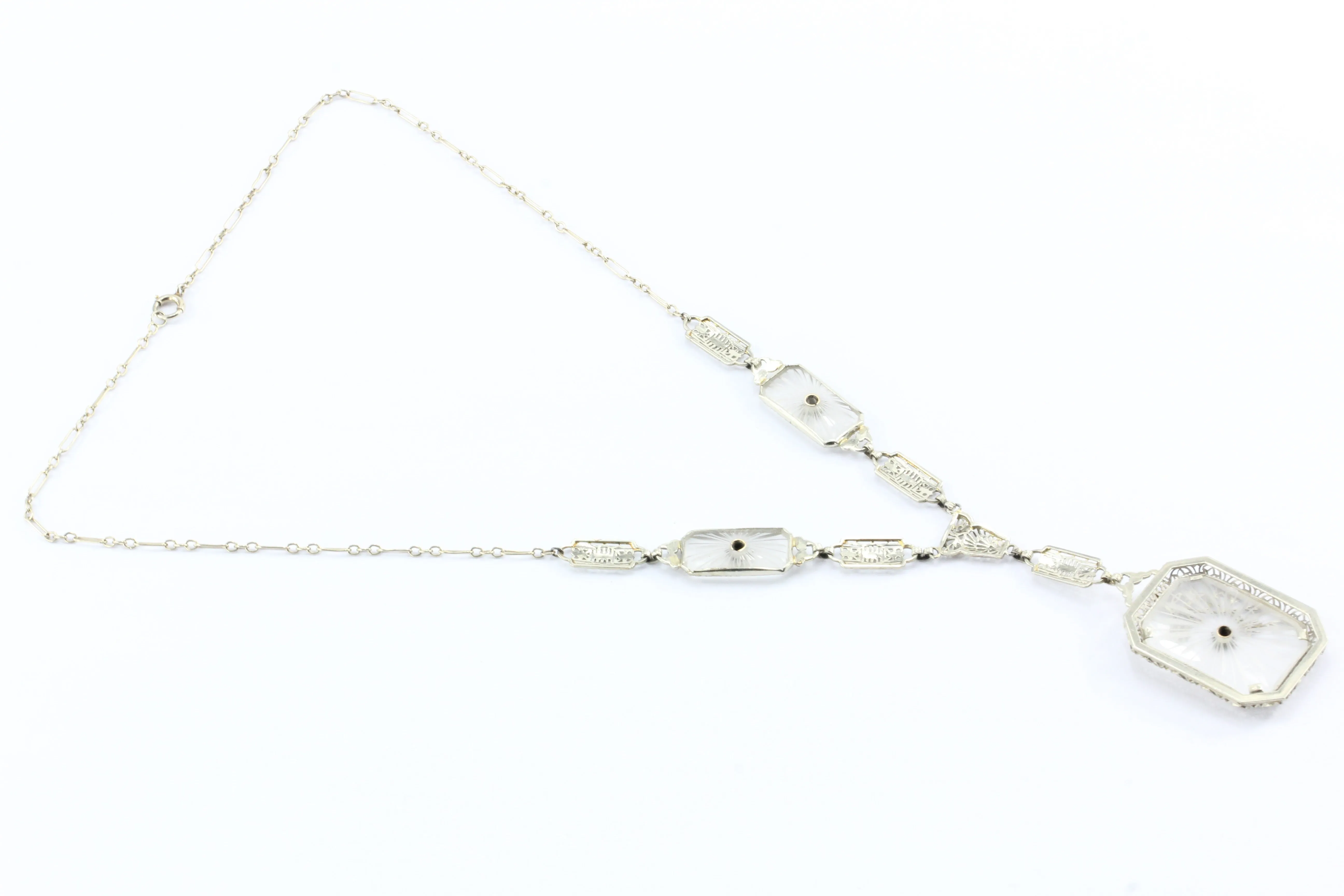 Art Deco 14K White Gold Rock Crystal Diamond Filigree Necklace c.1920's