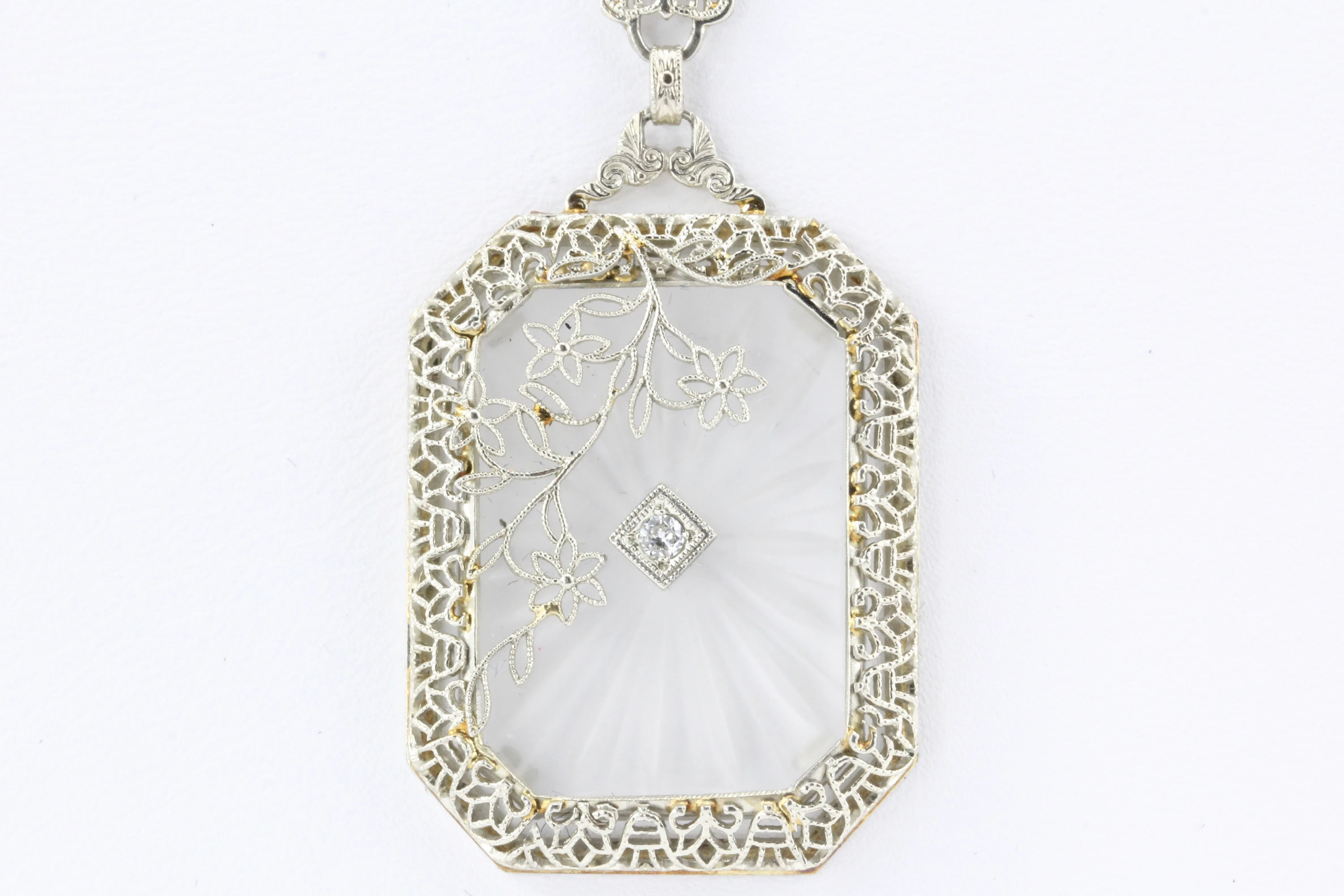 Art Deco 14K White Gold Rock Crystal Diamond Filigree Necklace c.1920's
