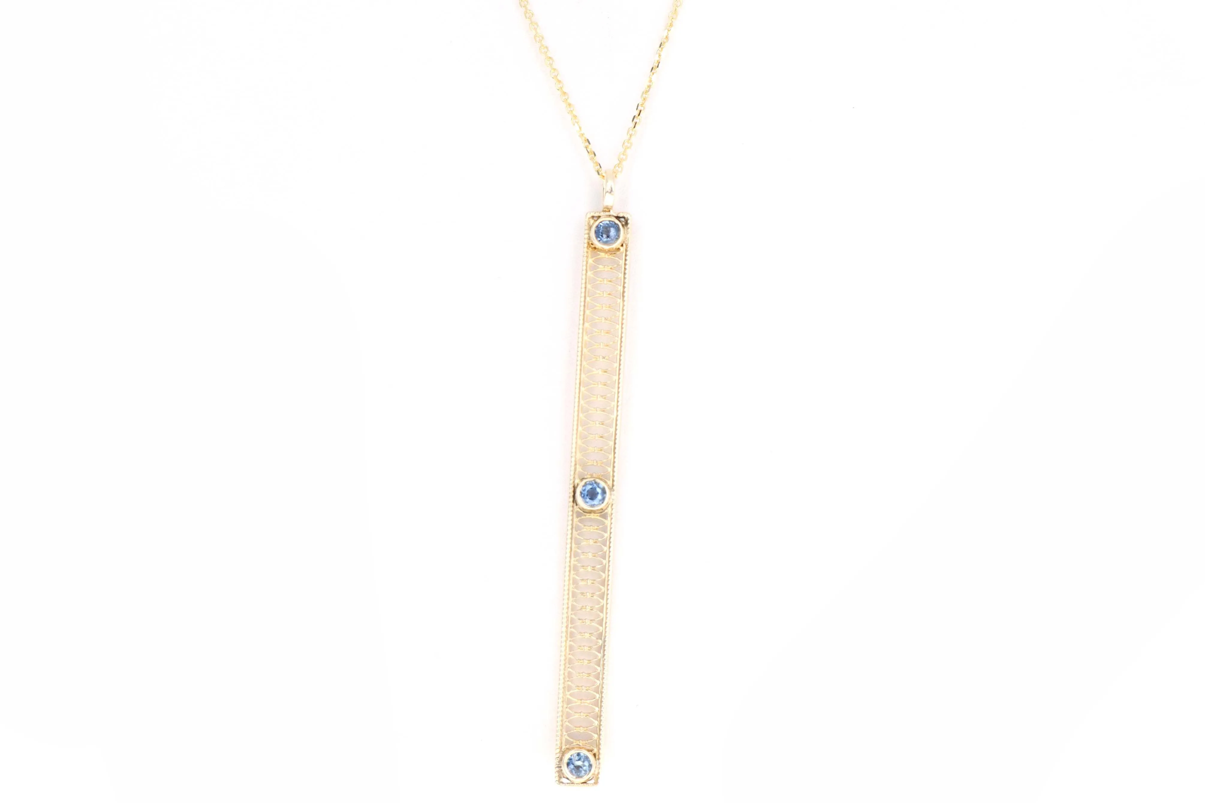 Art Deco 14K Yellow Gold .30 Carat Total Weight Natural Sapphire Bar Pin Conversion Pendant Necklace