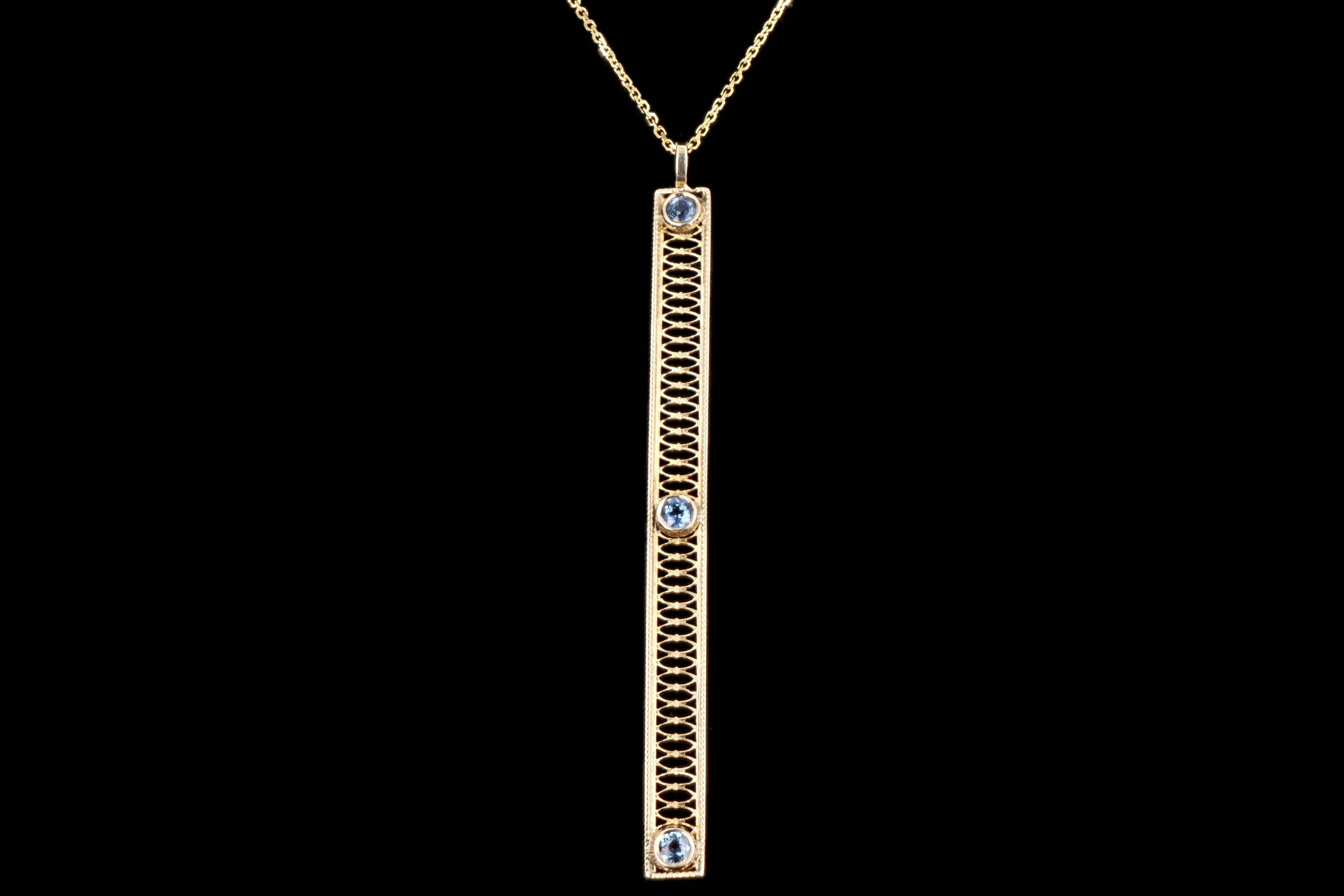 Art Deco 14K Yellow Gold .30 Carat Total Weight Natural Sapphire Bar Pin Conversion Pendant Necklace