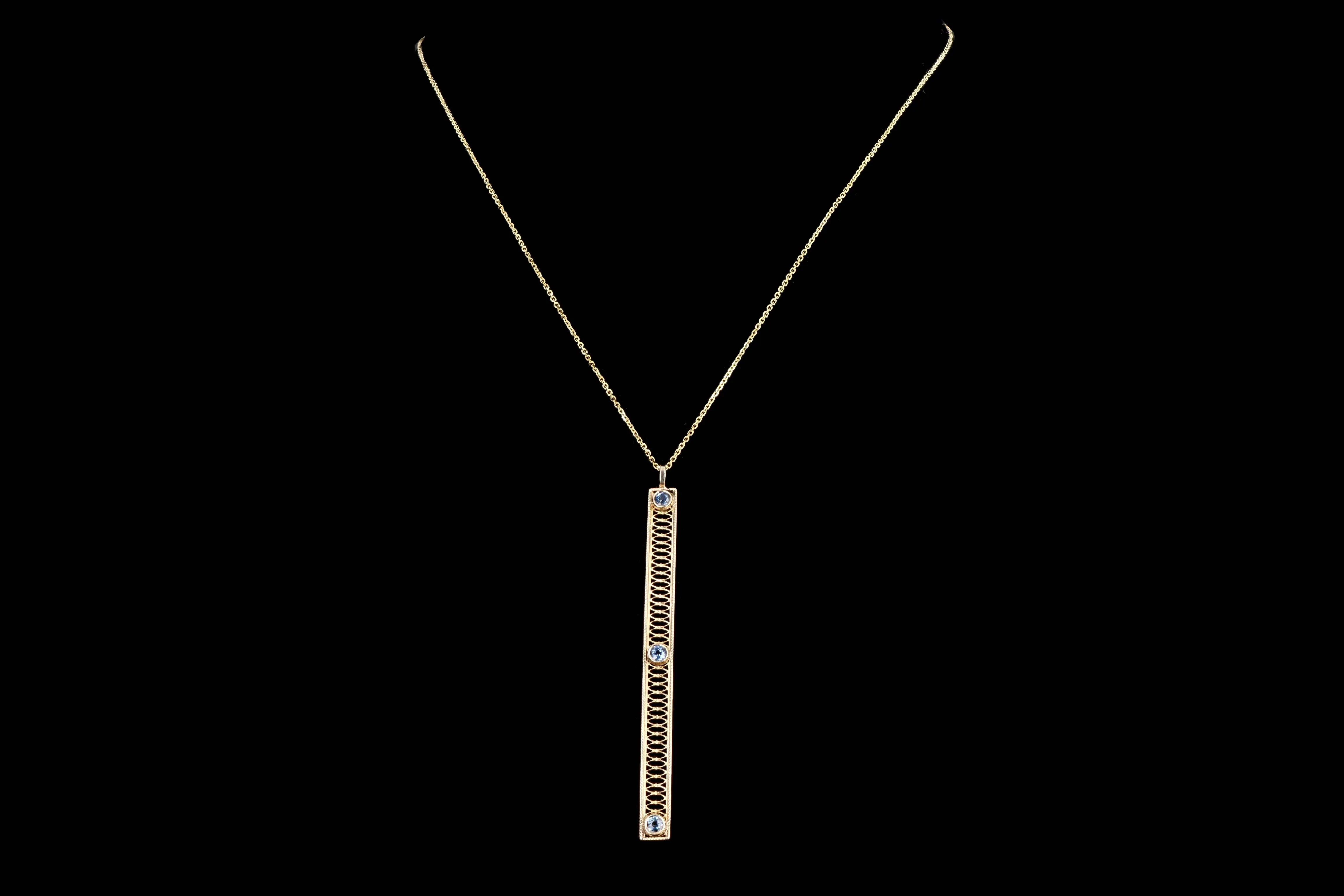 Art Deco 14K Yellow Gold .30 Carat Total Weight Natural Sapphire Bar Pin Conversion Pendant Necklace