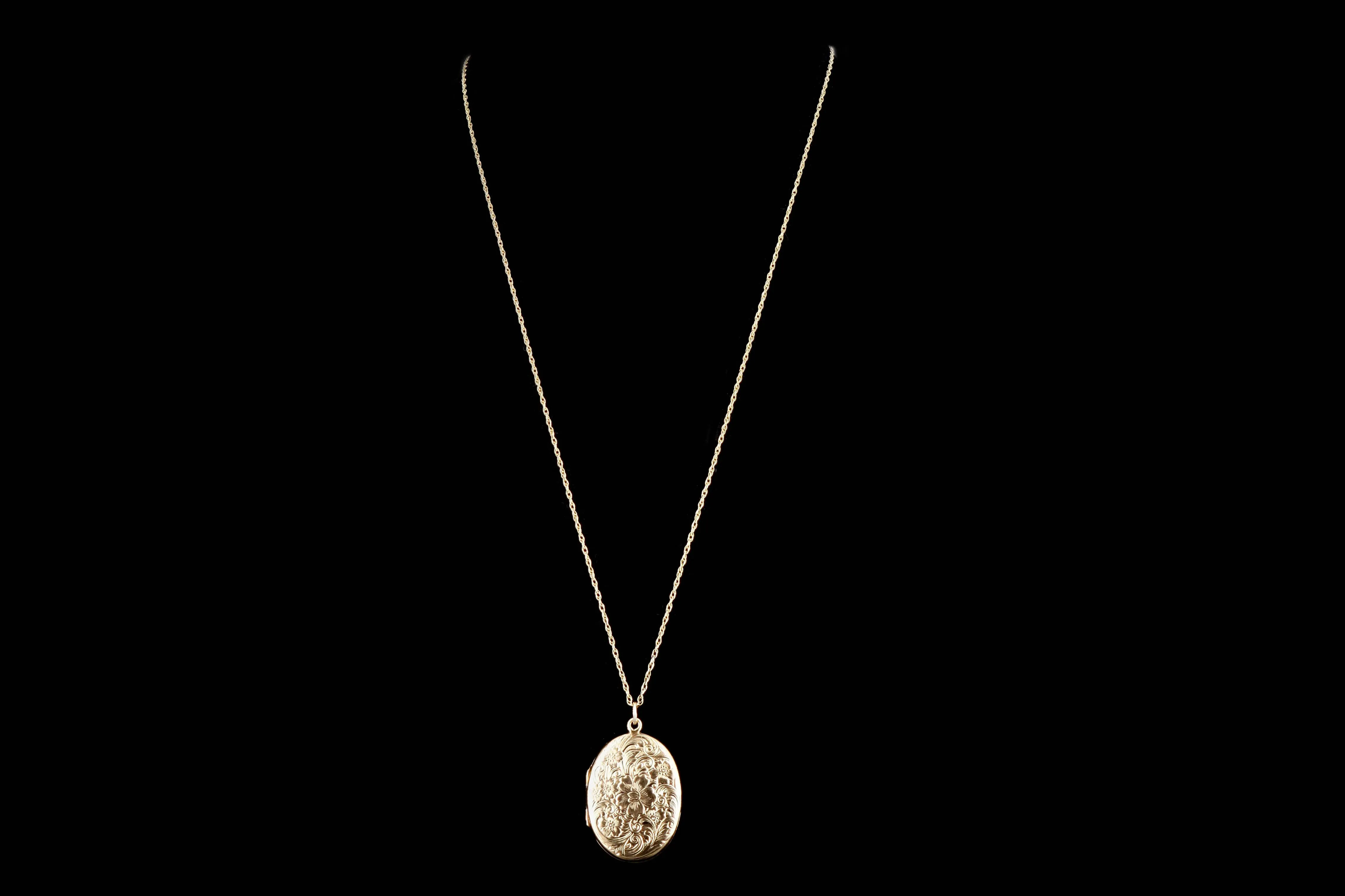 Art Deco 14K Yellow Gold Floral Engraved Pendant Necklace