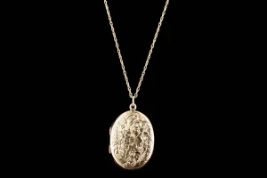 Art Deco 14K Yellow Gold Floral Engraved Pendant Necklace