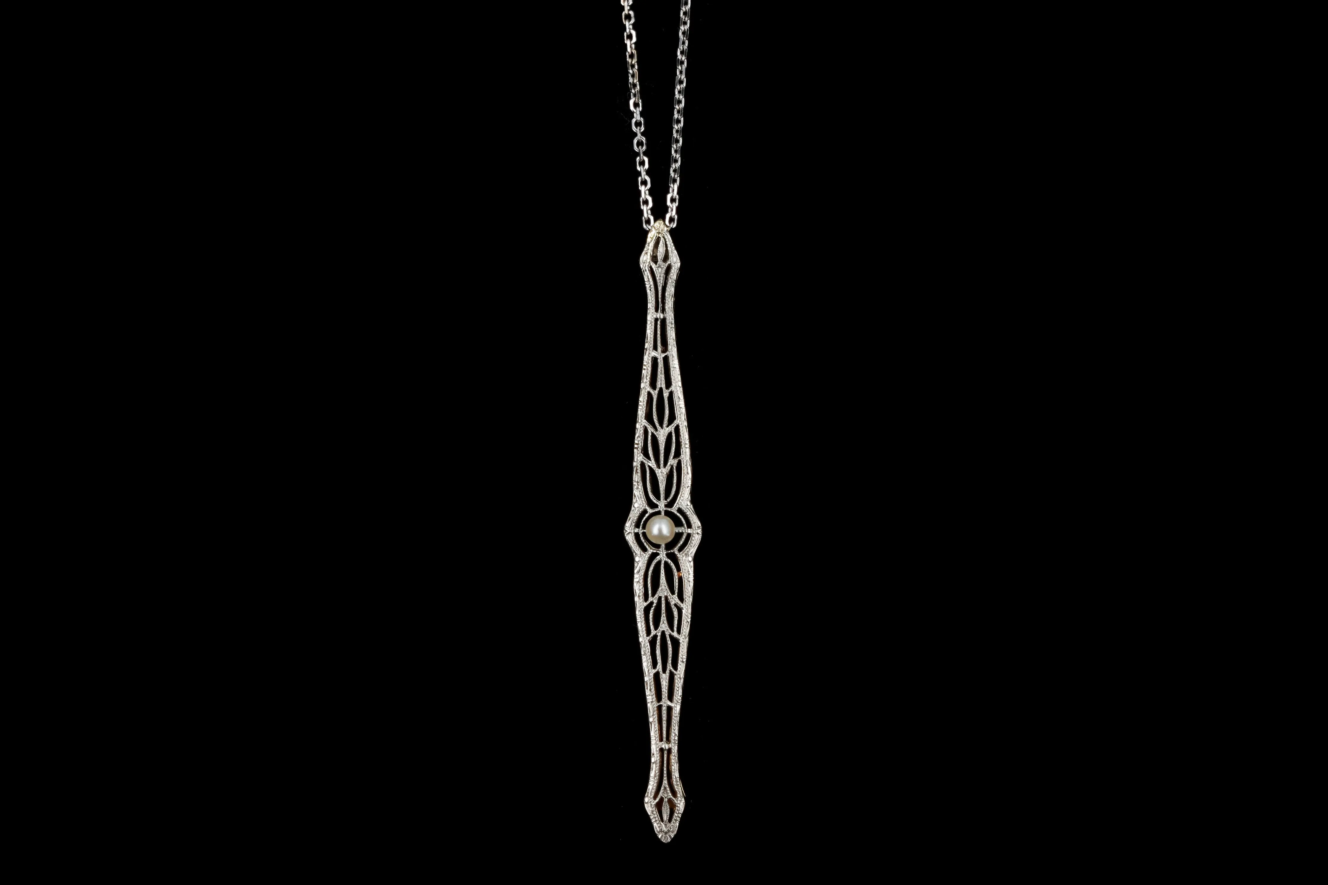 Art Deco 18K White & Yellow Gold Pearl Bar Pin Conversion Necklace