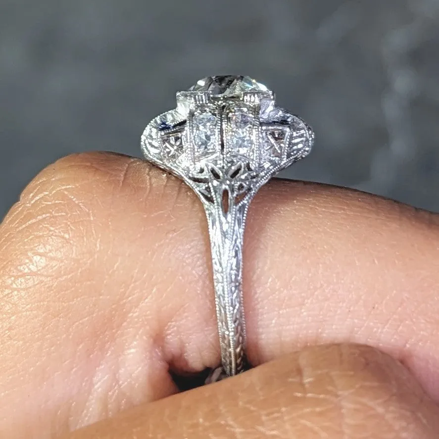 Art Deco 2.35 CTW Diamond Sapphire Platinum Foliate Quatrefoil Engagement Ring