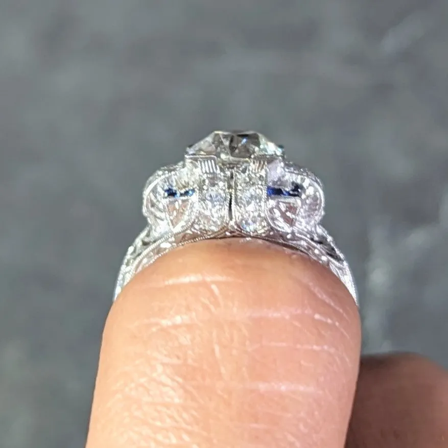 Art Deco 2.35 CTW Diamond Sapphire Platinum Foliate Quatrefoil Engagement Ring