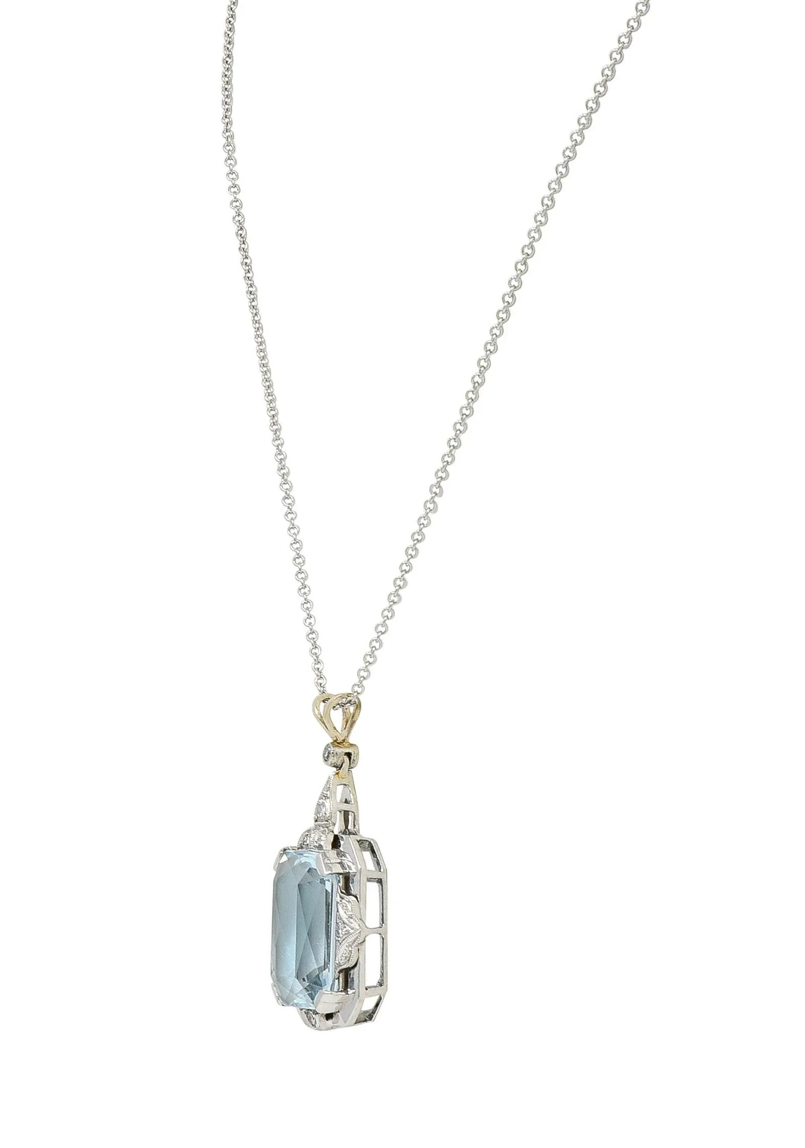 Art Deco 8.90 CTW Aquamarine Diamond 14 Karat White Gold Vintage Pendant Necklace