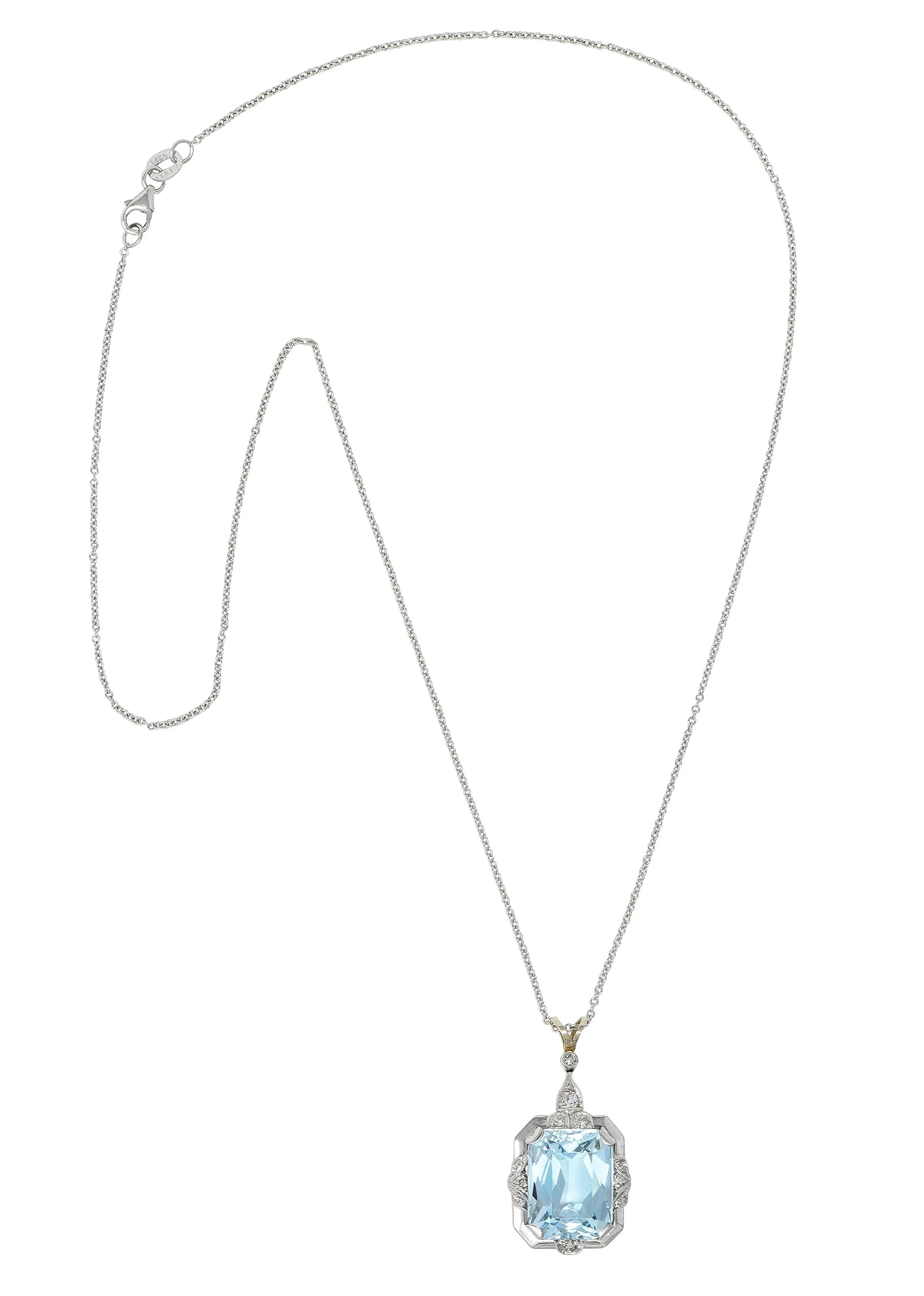 Art Deco 8.90 CTW Aquamarine Diamond 14 Karat White Gold Vintage Pendant Necklace
