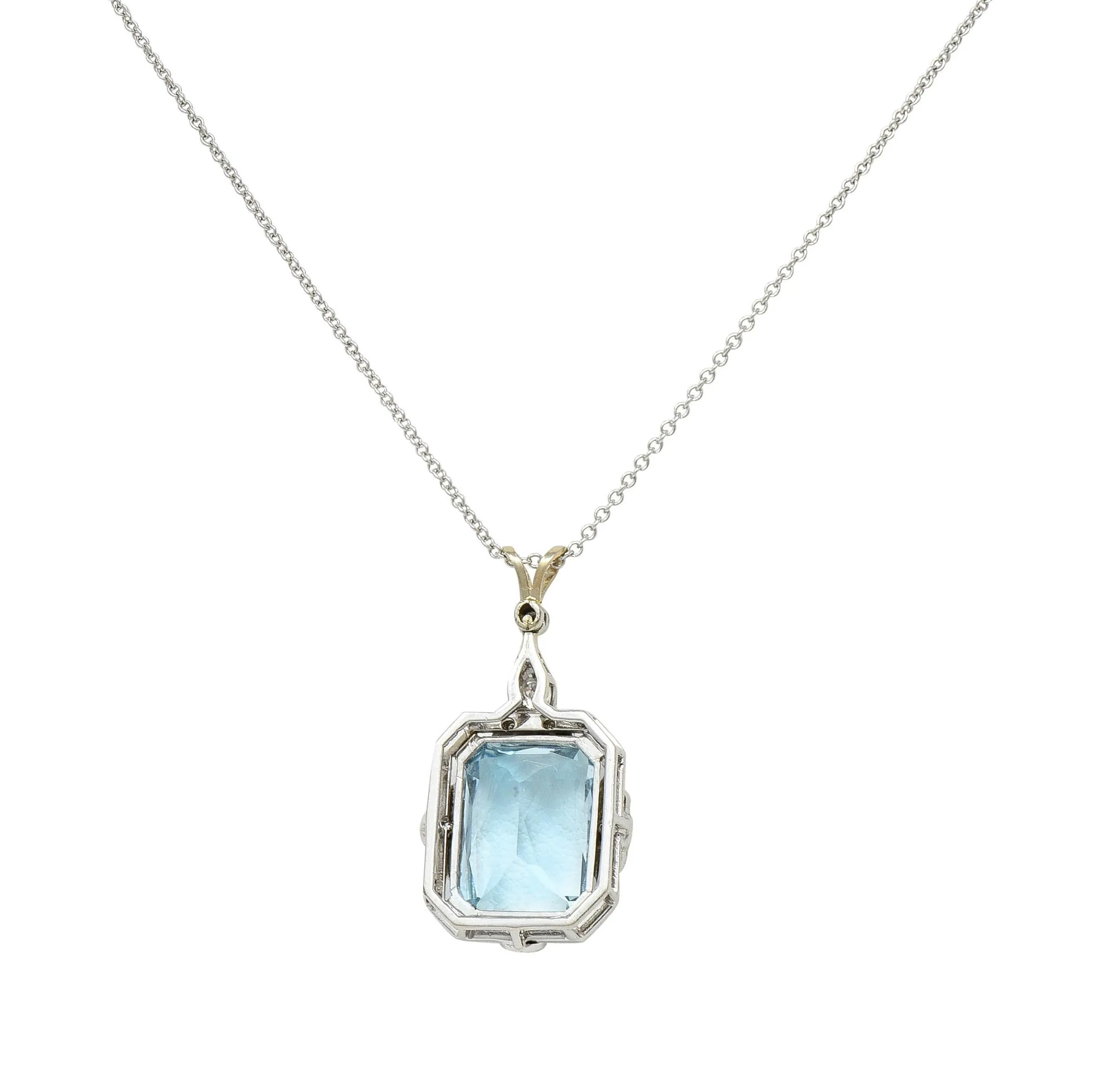 Art Deco 8.90 CTW Aquamarine Diamond 14 Karat White Gold Vintage Pendant Necklace