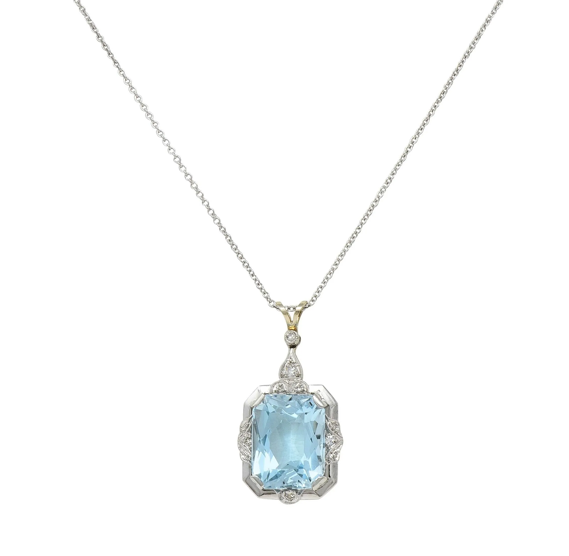 Art Deco 8.90 CTW Aquamarine Diamond 14 Karat White Gold Vintage Pendant Necklace