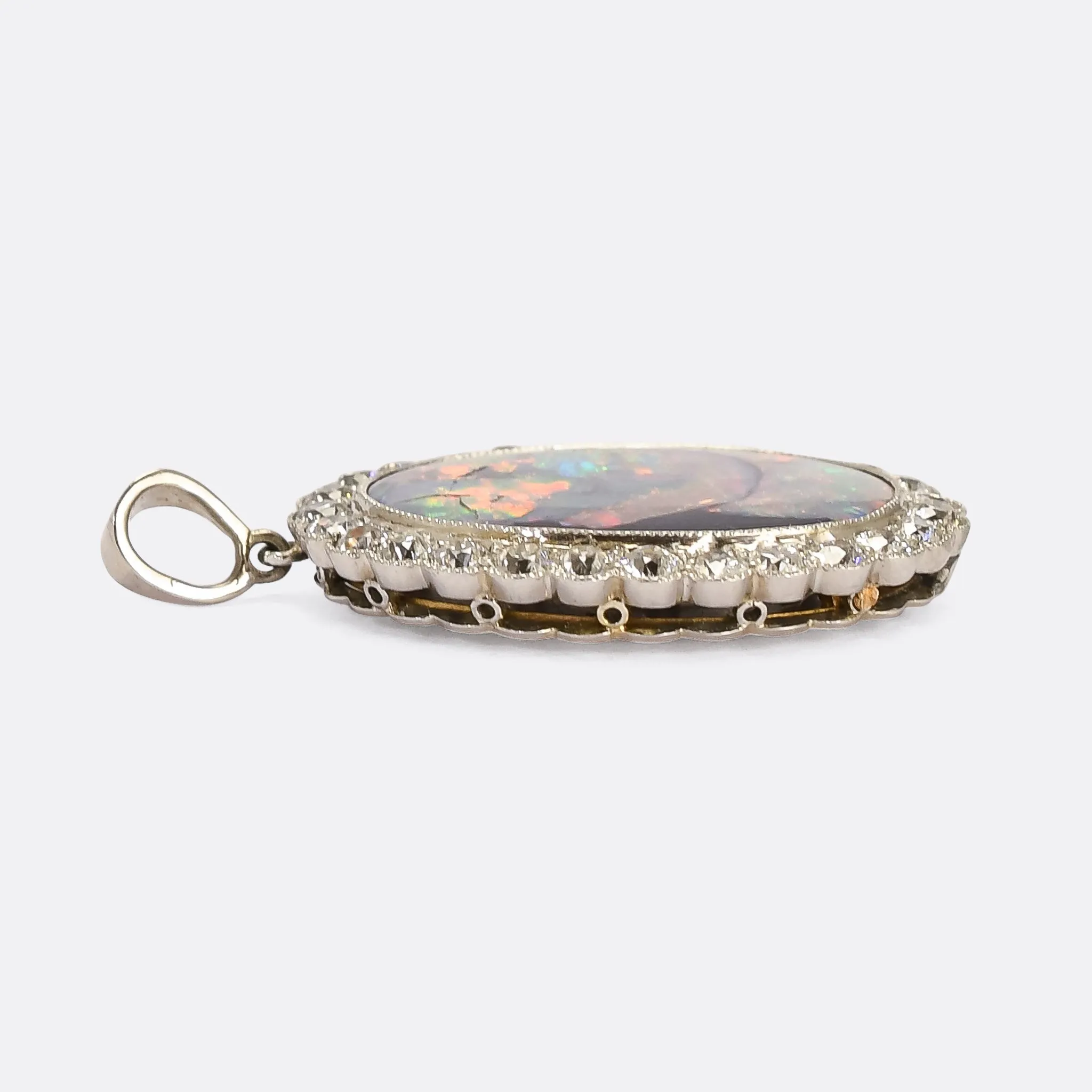 Art Deco Black Opal & Diamond Flower Cluster Pendant