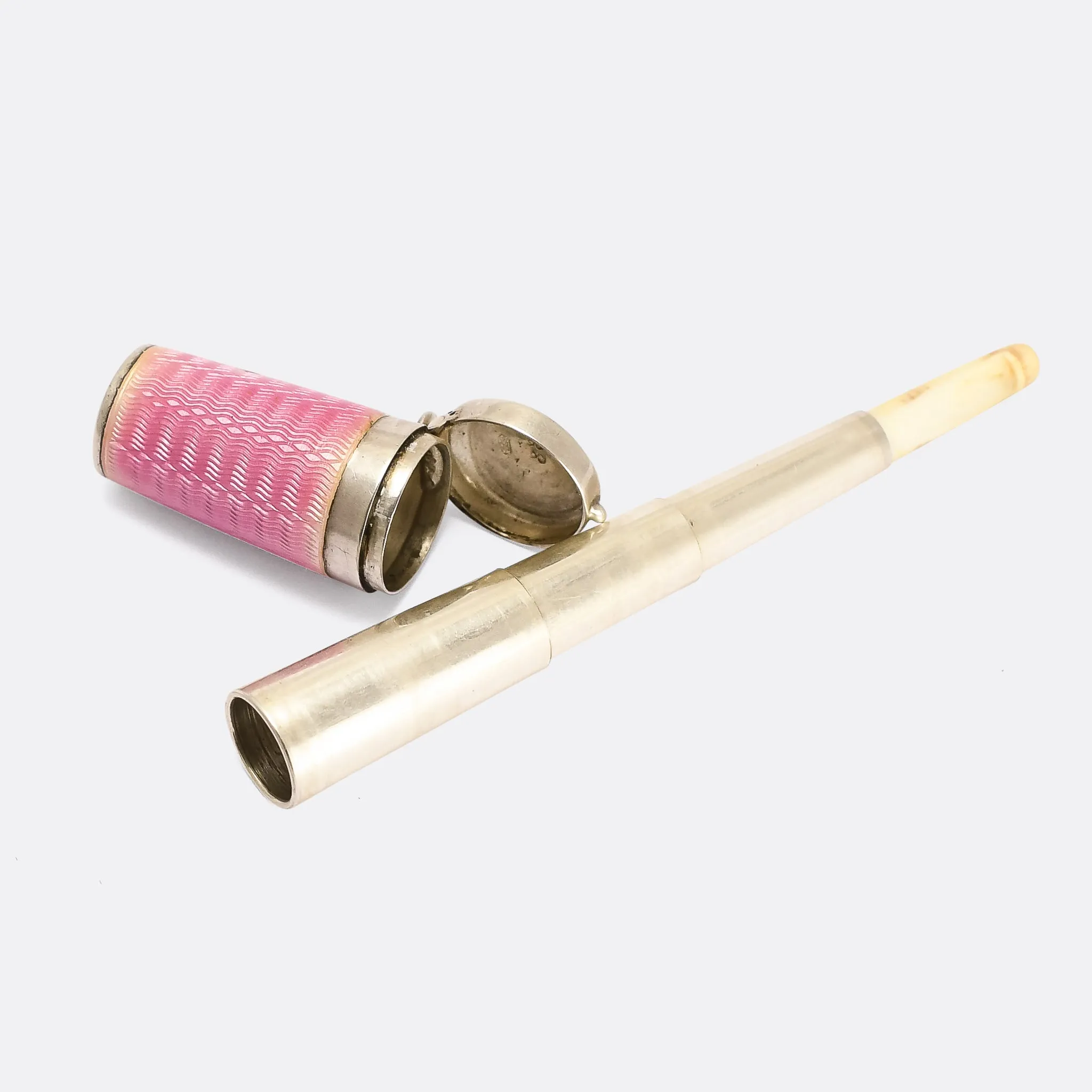 Art Deco Cigarette Holder Pink Guilloché Enamel Pendant Case