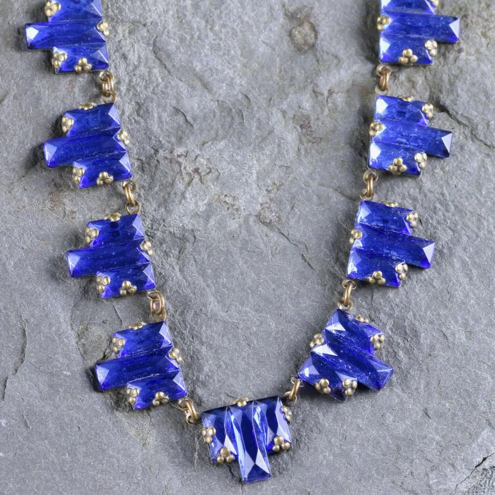 Art Deco Czech Necklace Blue Mirror Glass Circa 1920