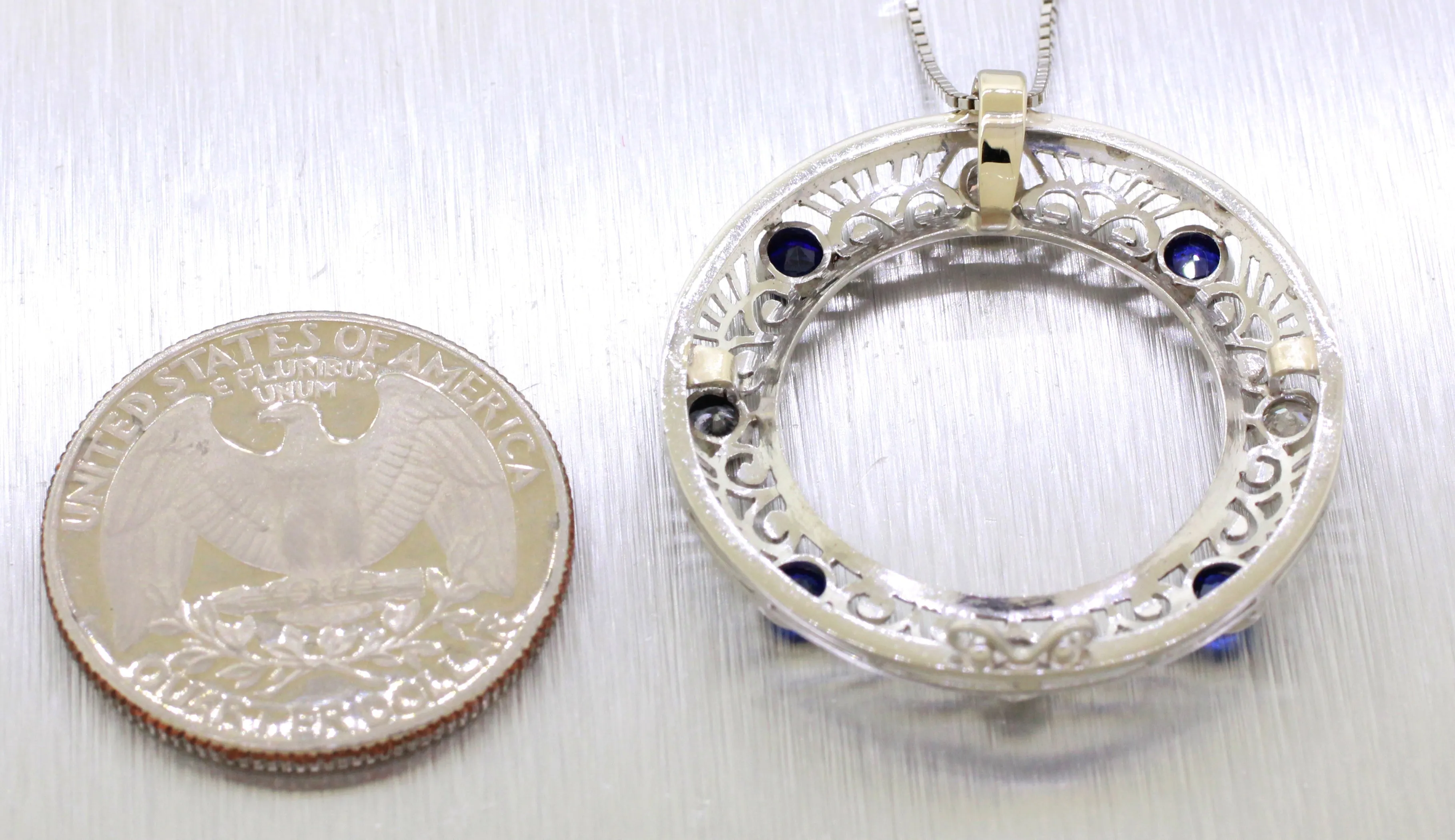 Art Deco Diamond & Sapphire Circle Pendant - Platinum & 14k Gold - Necklace 22"