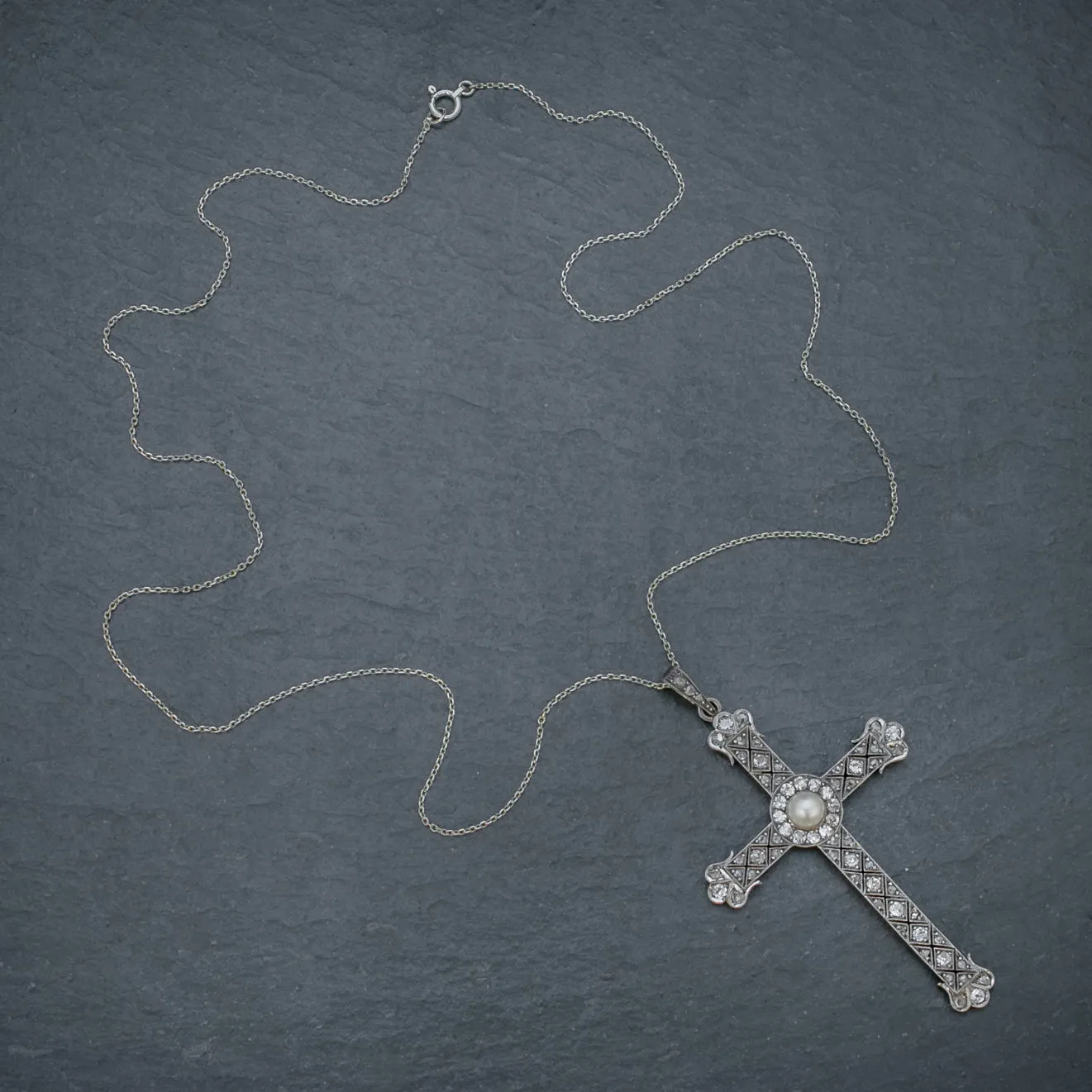 Art Deco Diamond Cross Pendant Necklace Platinum Circa 1930