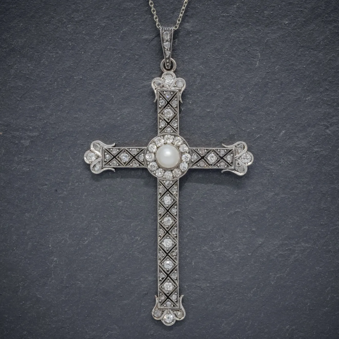 Art Deco Diamond Cross Pendant Necklace Platinum Circa 1930