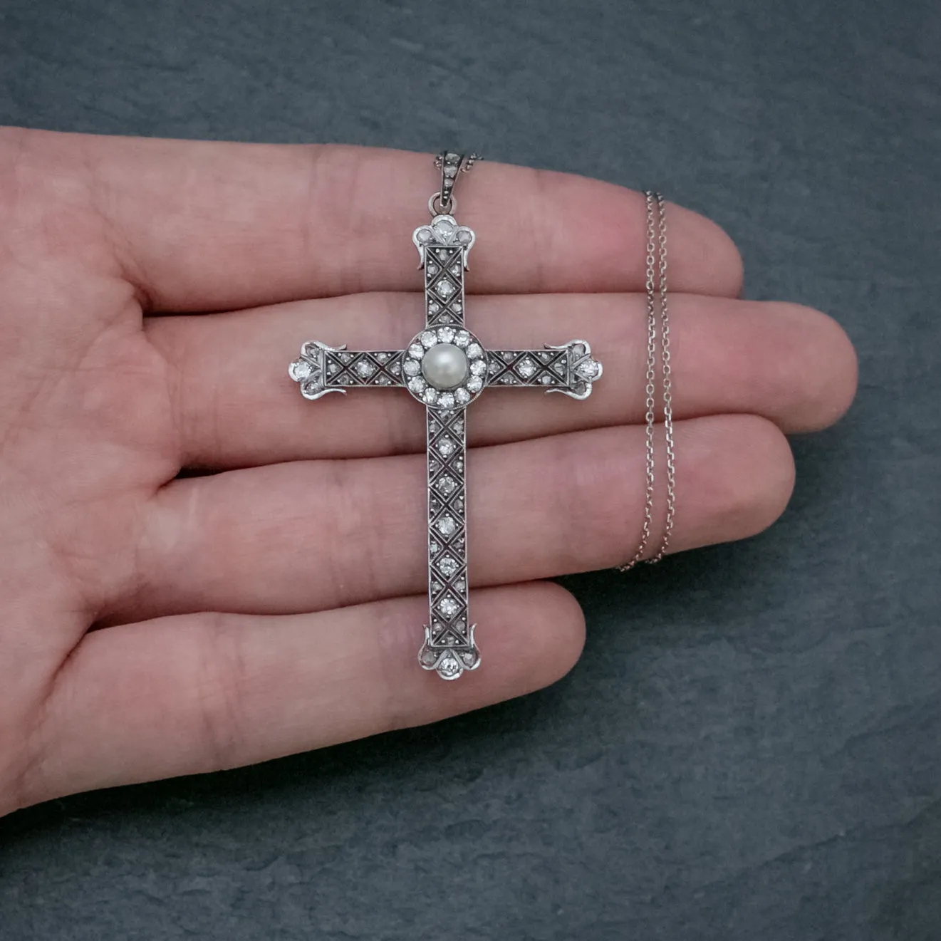 Art Deco Diamond Cross Pendant Necklace Platinum Circa 1930