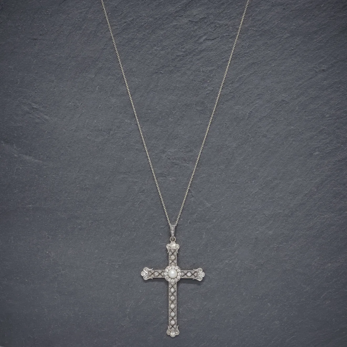 Art Deco Diamond Cross Pendant Necklace Platinum Circa 1930