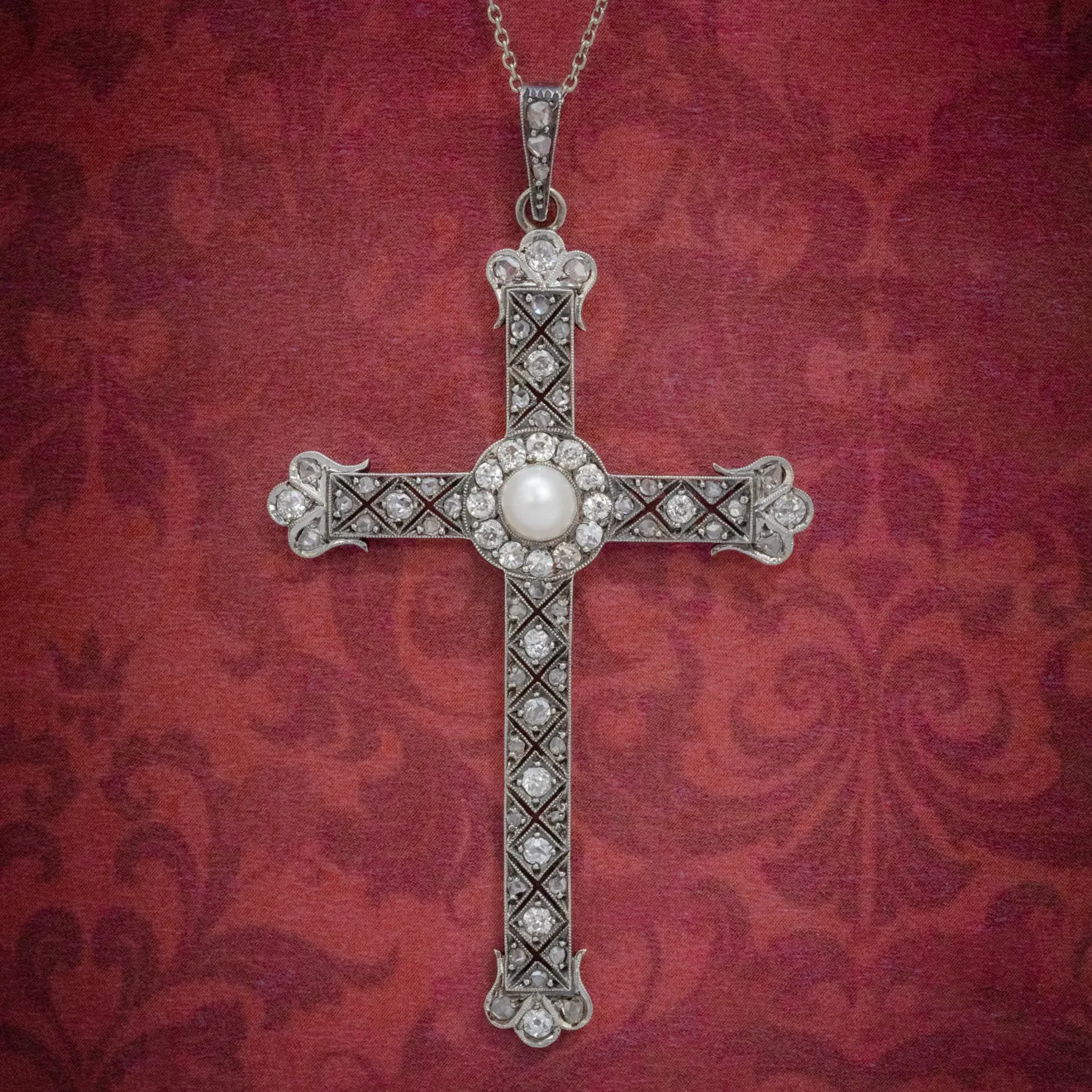 Art Deco Diamond Cross Pendant Necklace Platinum Circa 1930