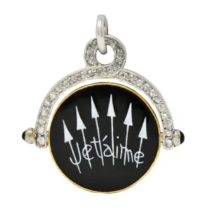 Art Deco Diamond Enamel Onyx Platinum 18 Karat Gold Vintage Spinning Je T'Aime I Love You Flip Pendant