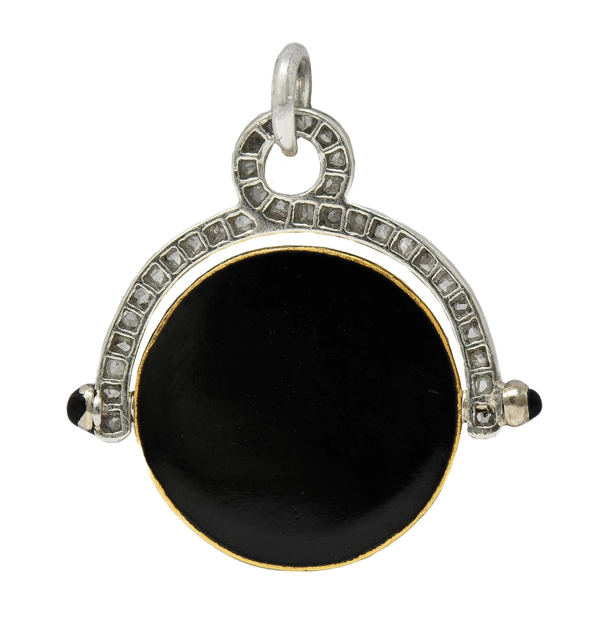 Art Deco Diamond Enamel Onyx Platinum 18 Karat Gold Vintage Spinning Je T'Aime I Love You Flip Pendant