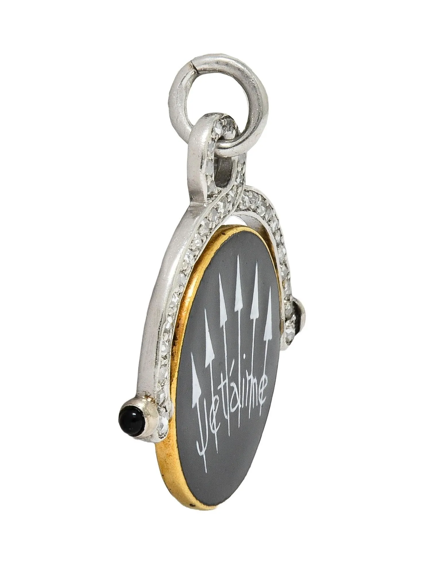 Art Deco Diamond Enamel Onyx Platinum 18 Karat Gold Vintage Spinning Je T'Aime I Love You Flip Pendant
