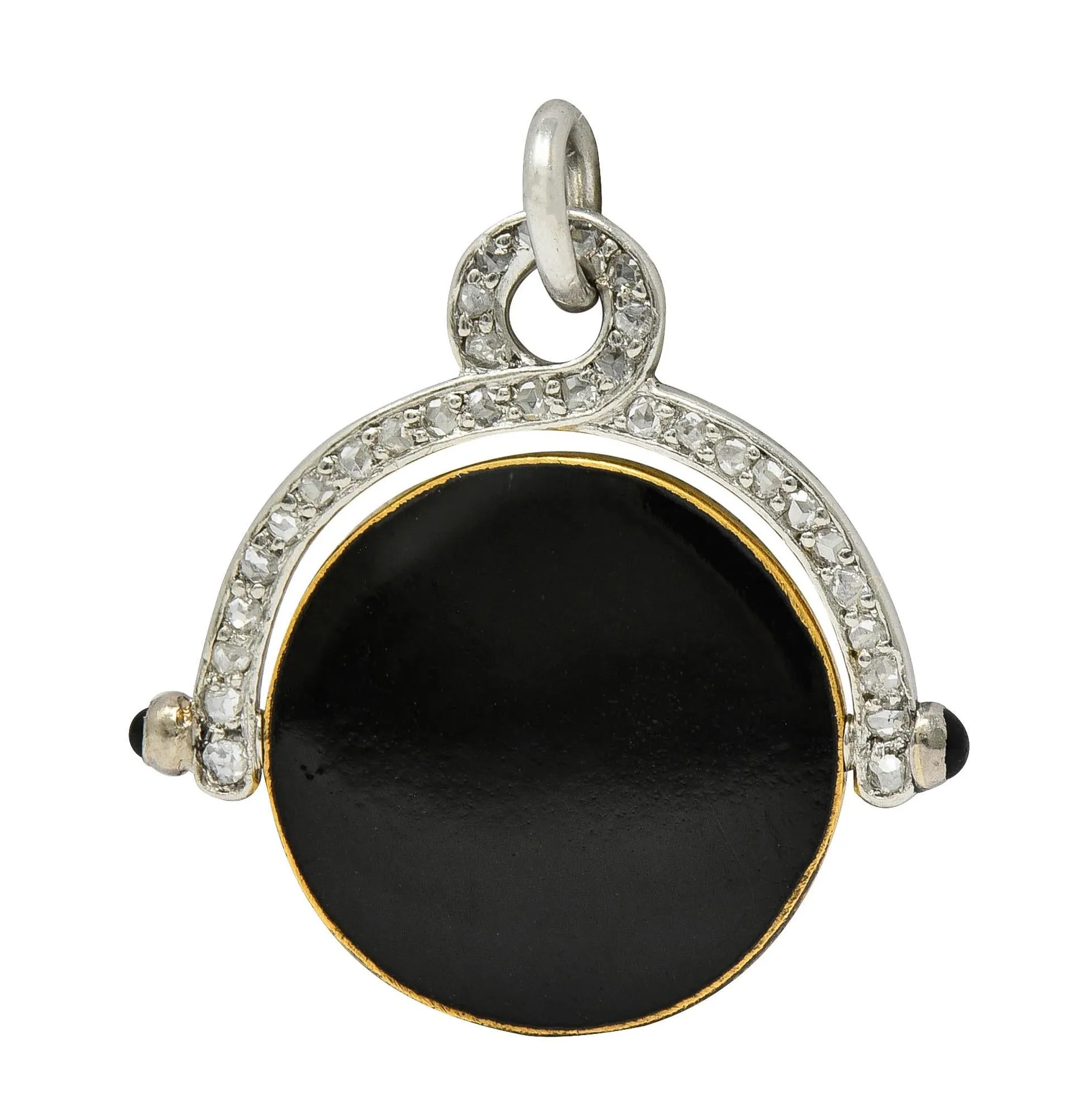 Art Deco Diamond Enamel Onyx Platinum 18 Karat Gold Vintage Spinning Je T'Aime I Love You Flip Pendant