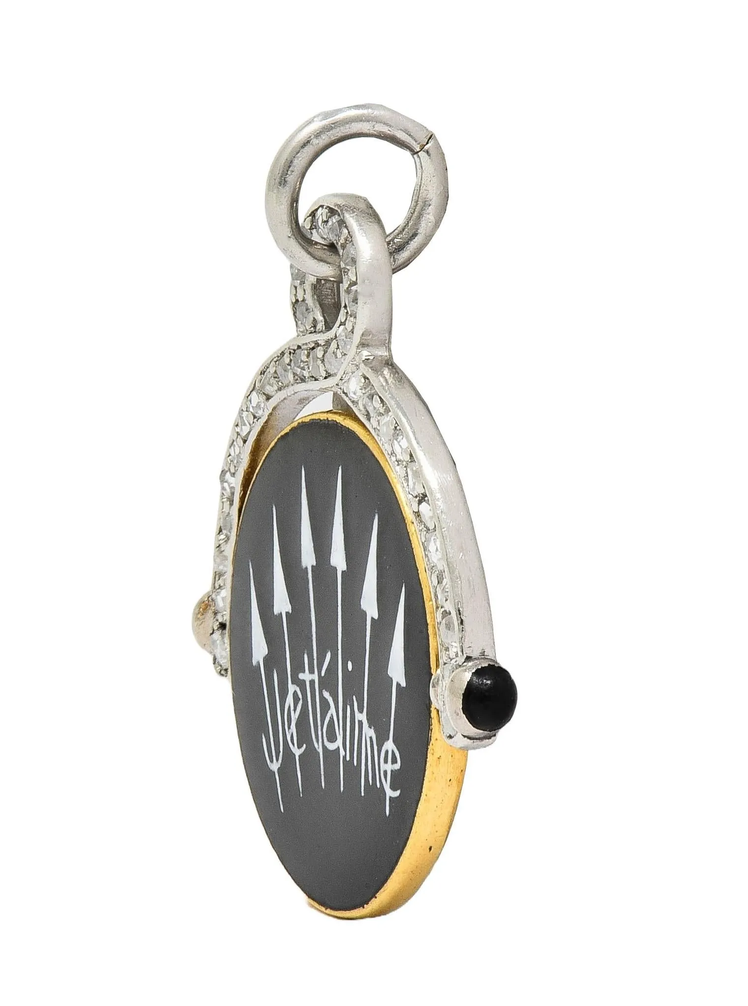 Art Deco Diamond Enamel Onyx Platinum 18 Karat Gold Vintage Spinning Je T'Aime I Love You Flip Pendant