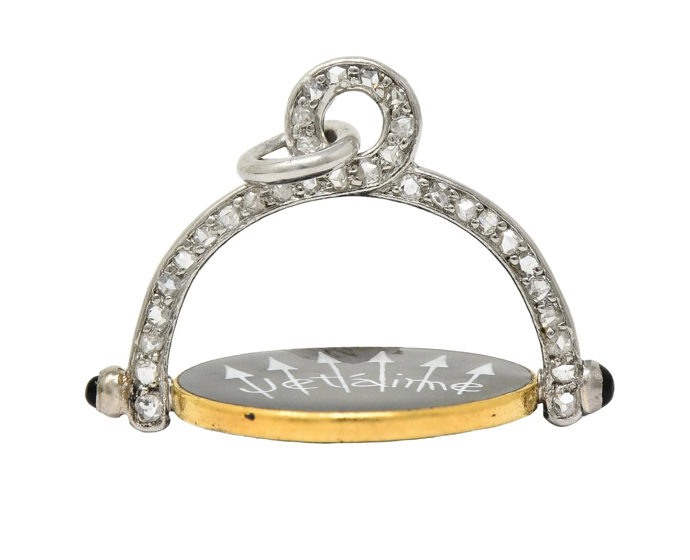 Art Deco Diamond Enamel Onyx Platinum 18 Karat Gold Vintage Spinning Je T'Aime I Love You Flip Pendant
