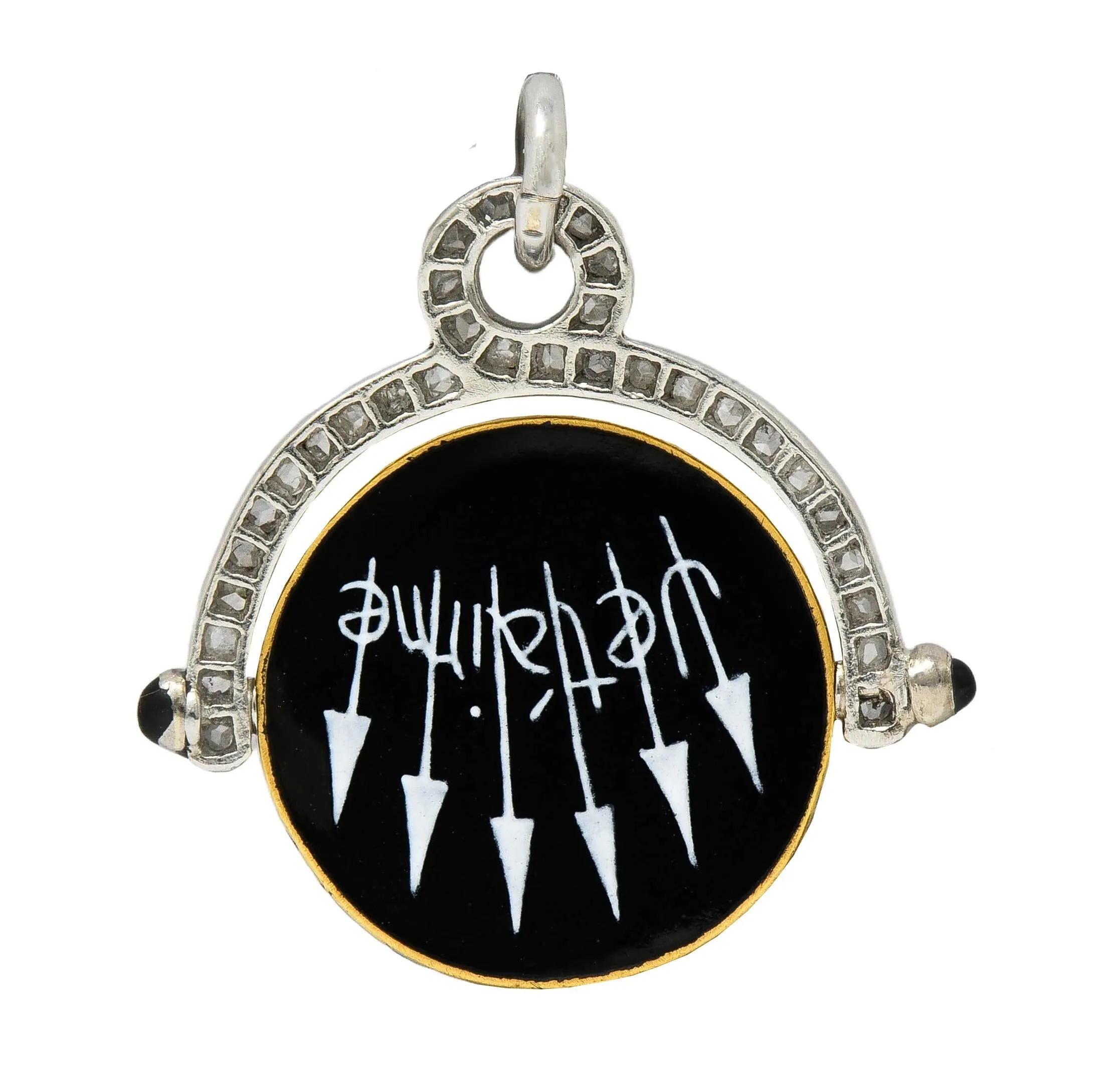 Art Deco Diamond Enamel Onyx Platinum 18 Karat Gold Vintage Spinning Je T'Aime I Love You Flip Pendant