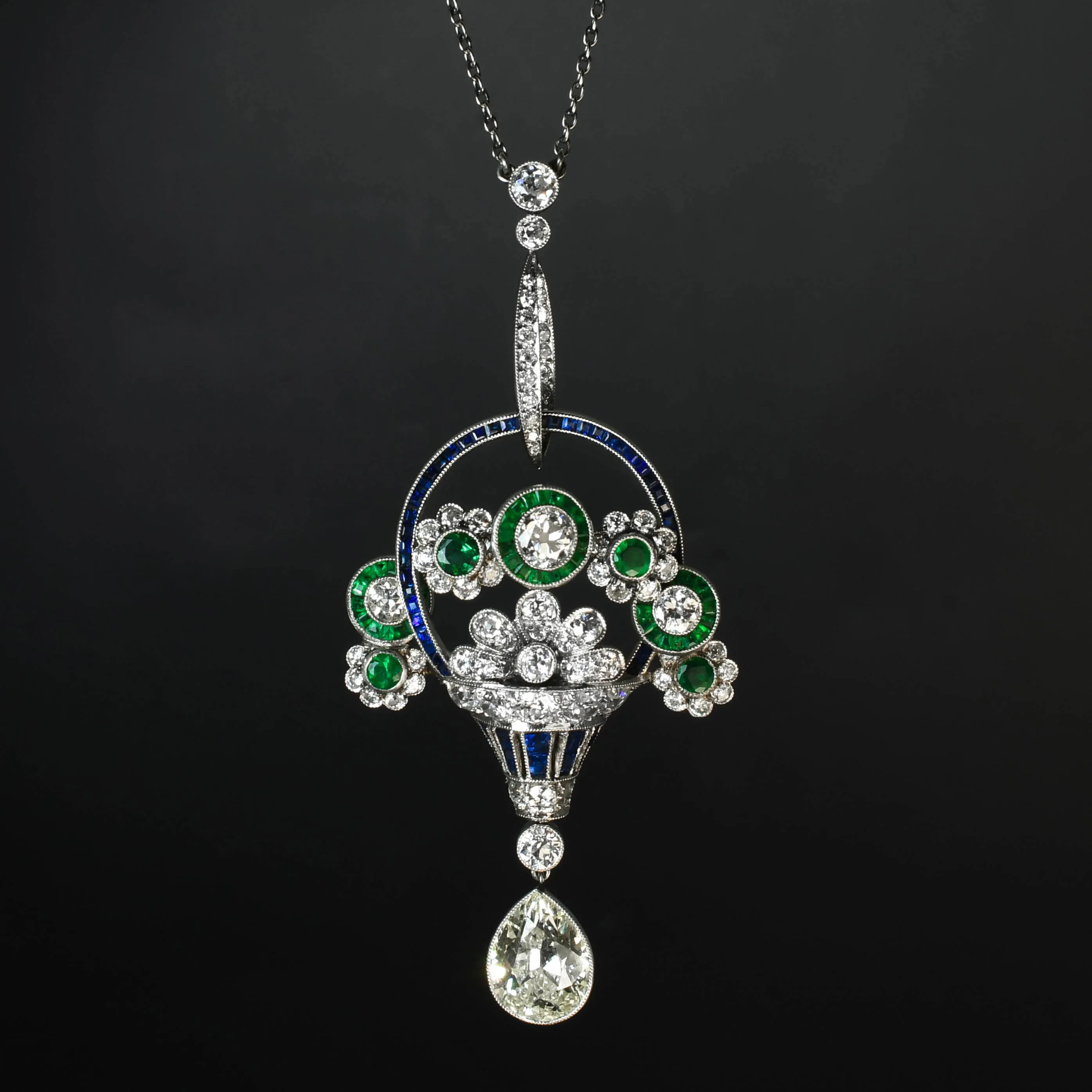 Art Deco Diamond, Sapphire & Emerald Giardinetti Pendant