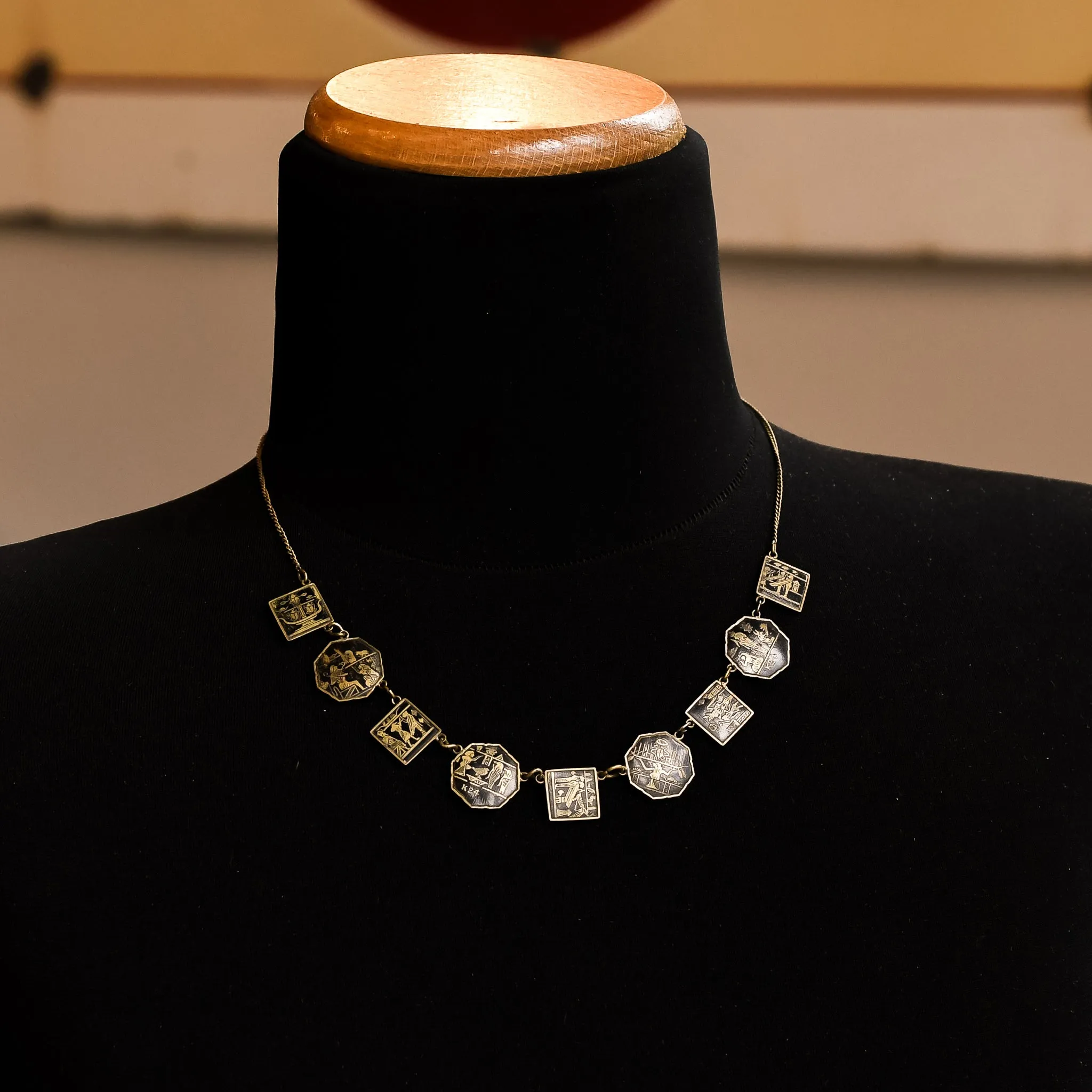 Art Deco Egyptian Revival Damascene Panel Necklace