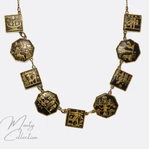 Art Deco Egyptian Revival Damascene Panel Necklace