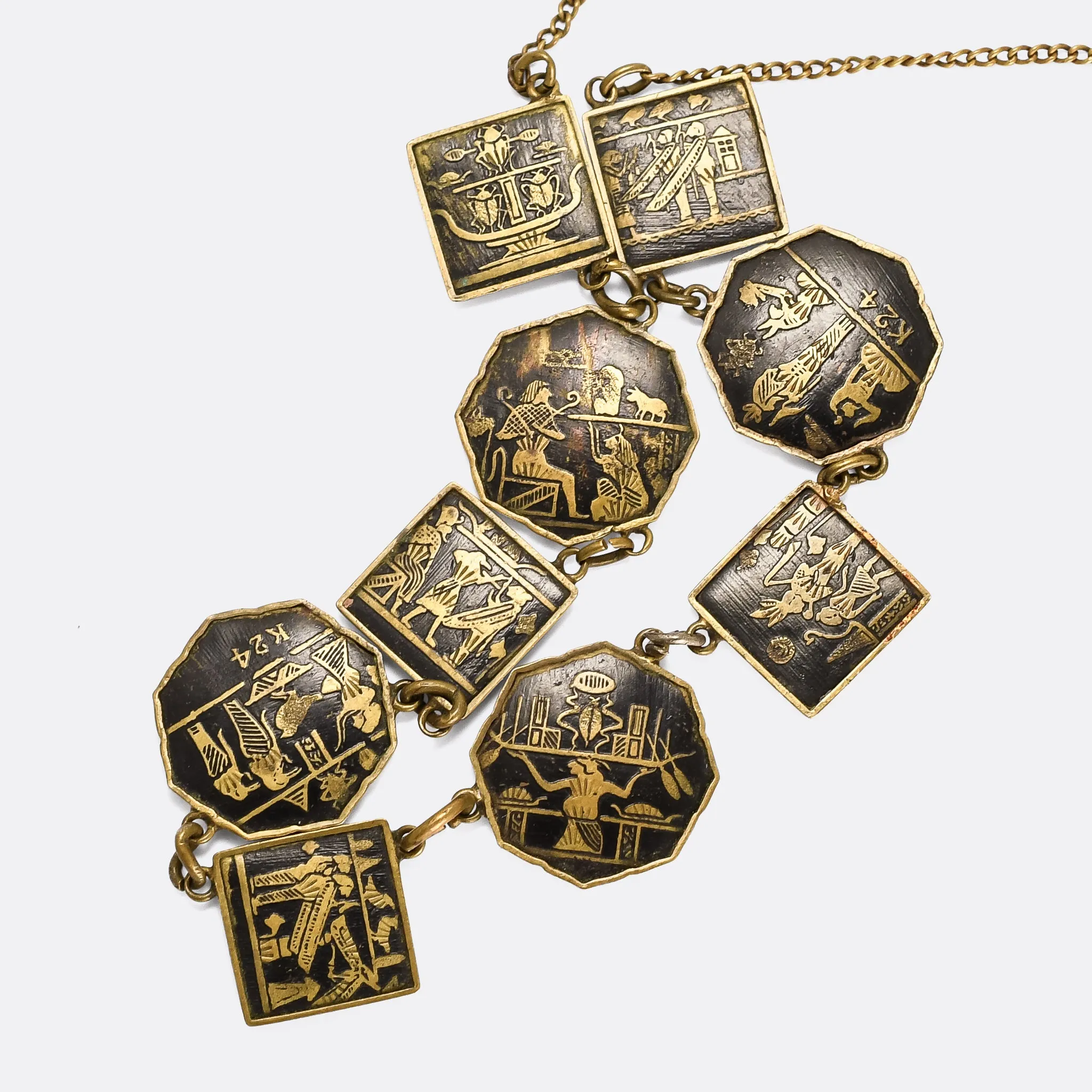 Art Deco Egyptian Revival Damascene Panel Necklace