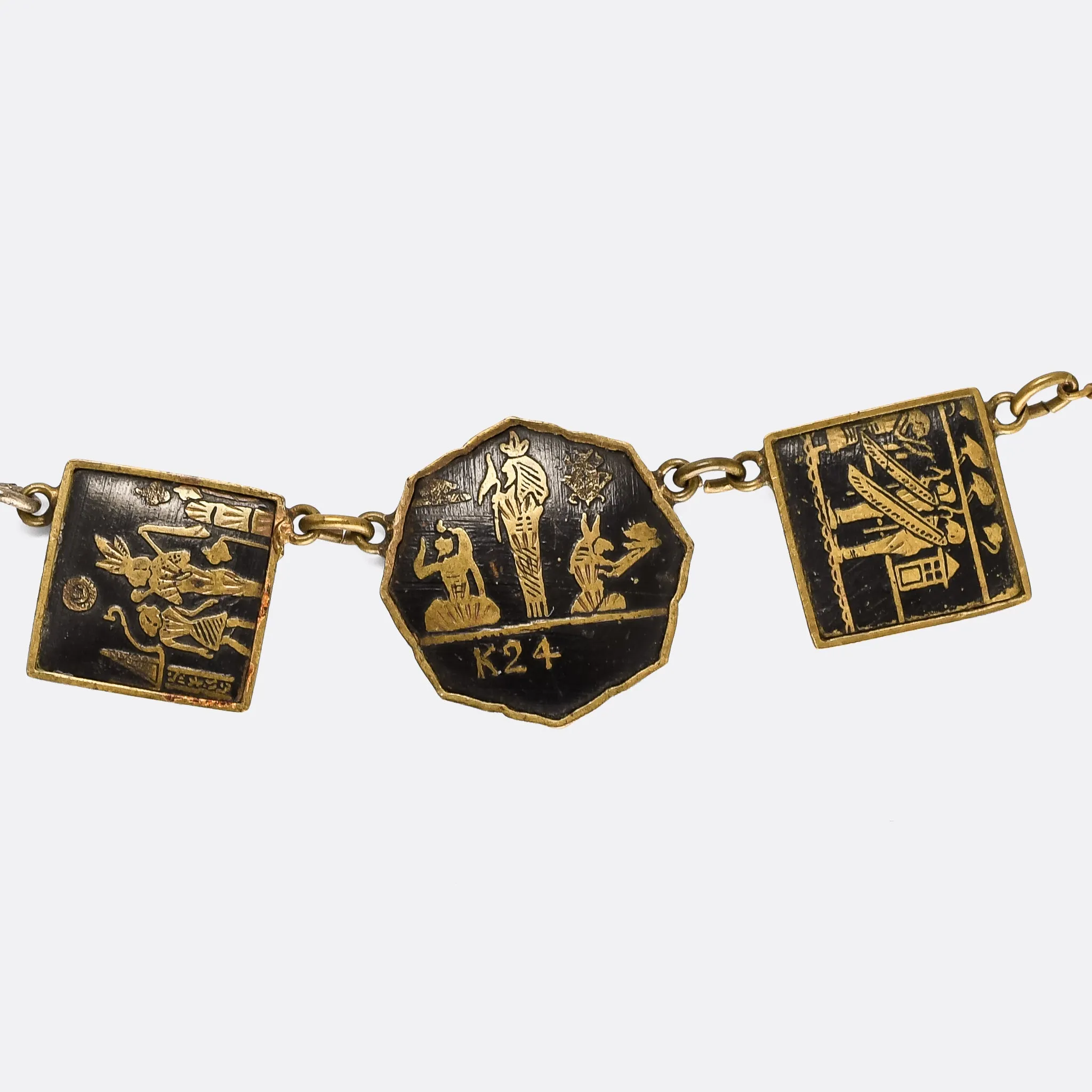 Art Deco Egyptian Revival Damascene Panel Necklace