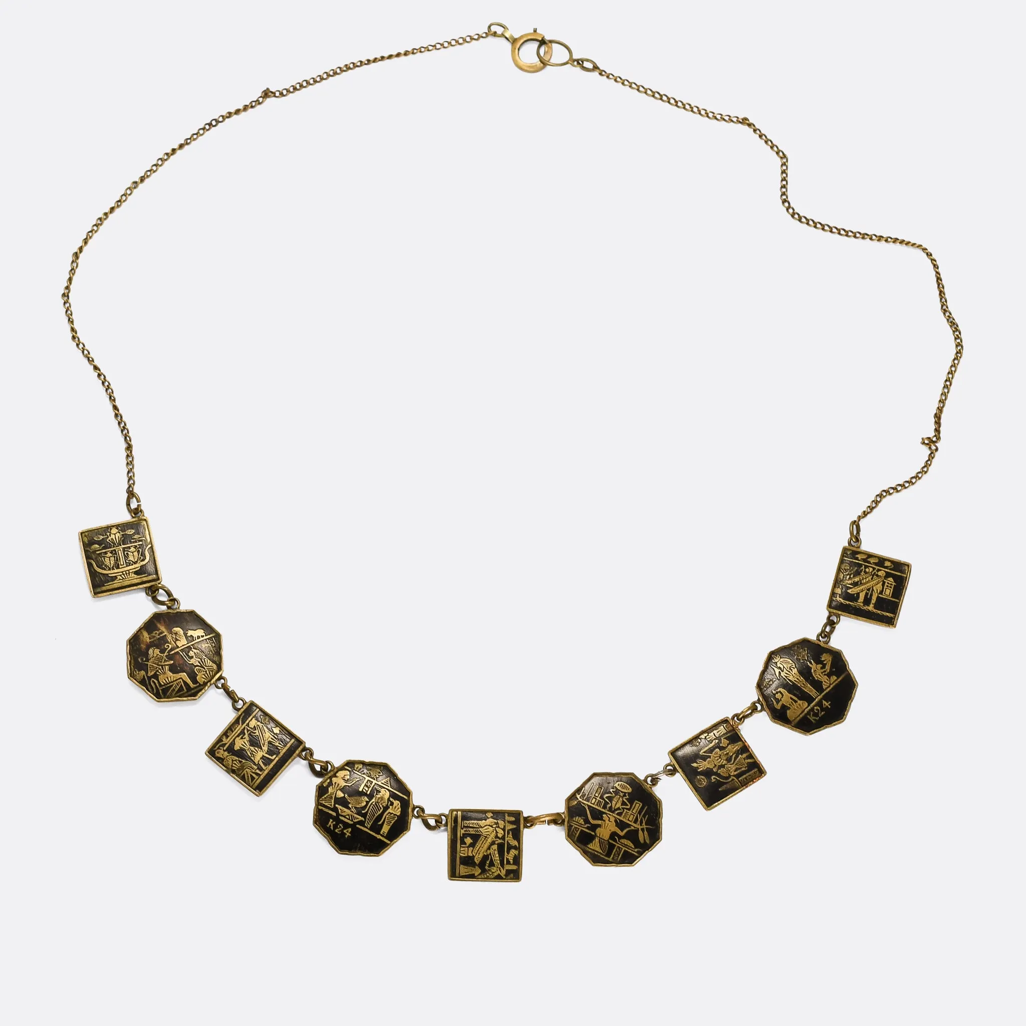 Art Deco Egyptian Revival Damascene Panel Necklace