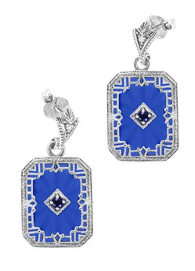Art Deco Filigree Royal Blue Sun Ray Crystal and Sapphire Earrings with Diamond in Sterling Silver