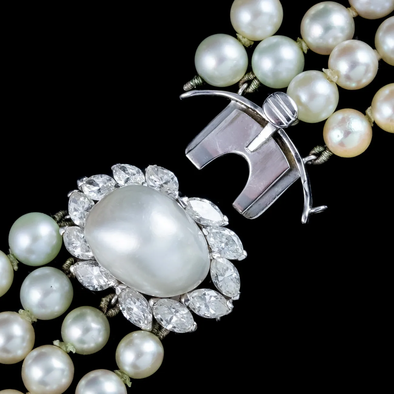 Art Deco Four Strand Pearl Necklace With Pearl Diamond Clasp