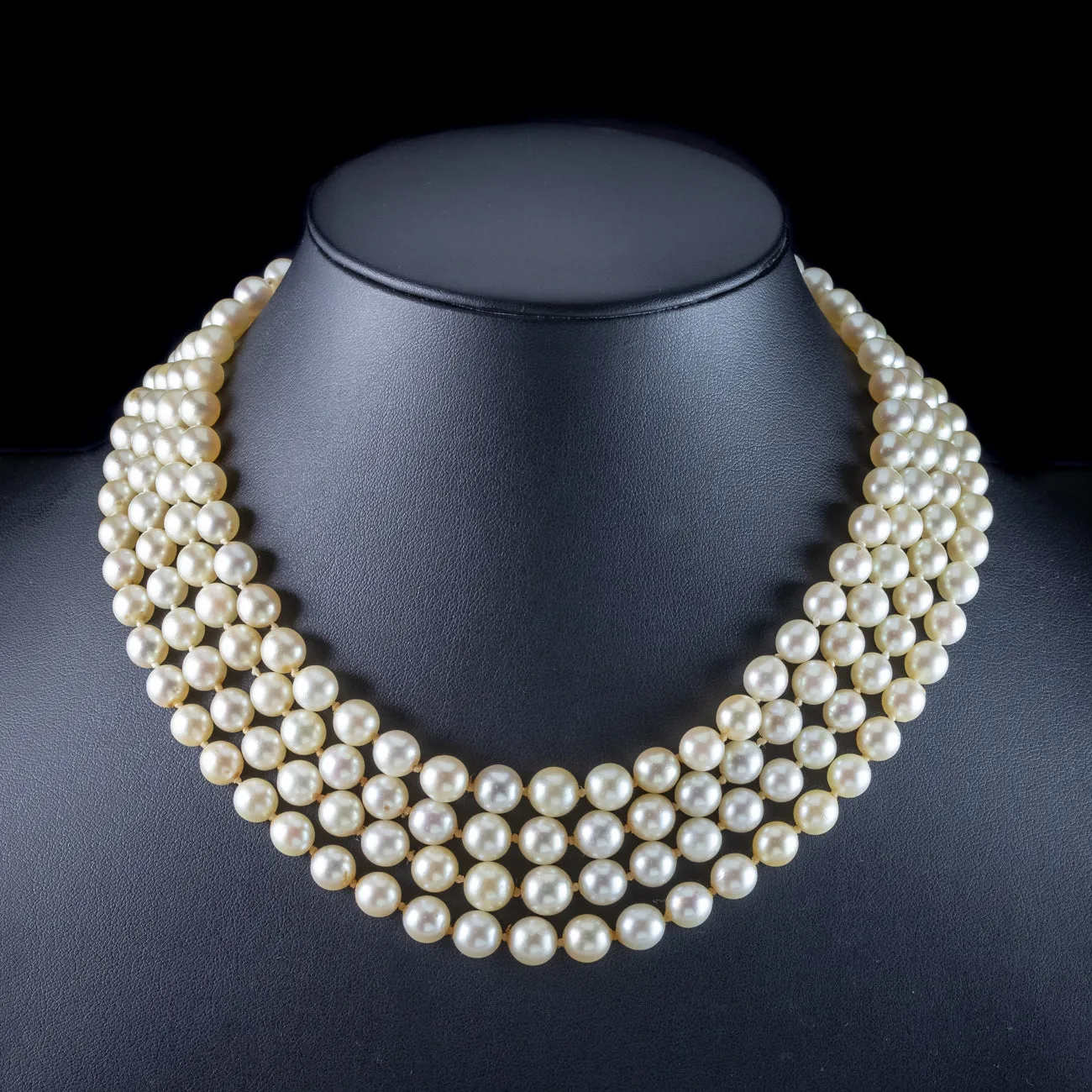 Art Deco Four Strand Pearl Necklace With Pearl Diamond Clasp