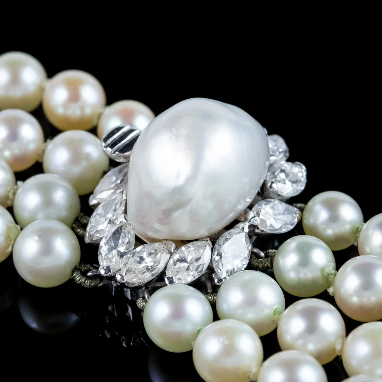 Art Deco Four Strand Pearl Necklace With Pearl Diamond Clasp