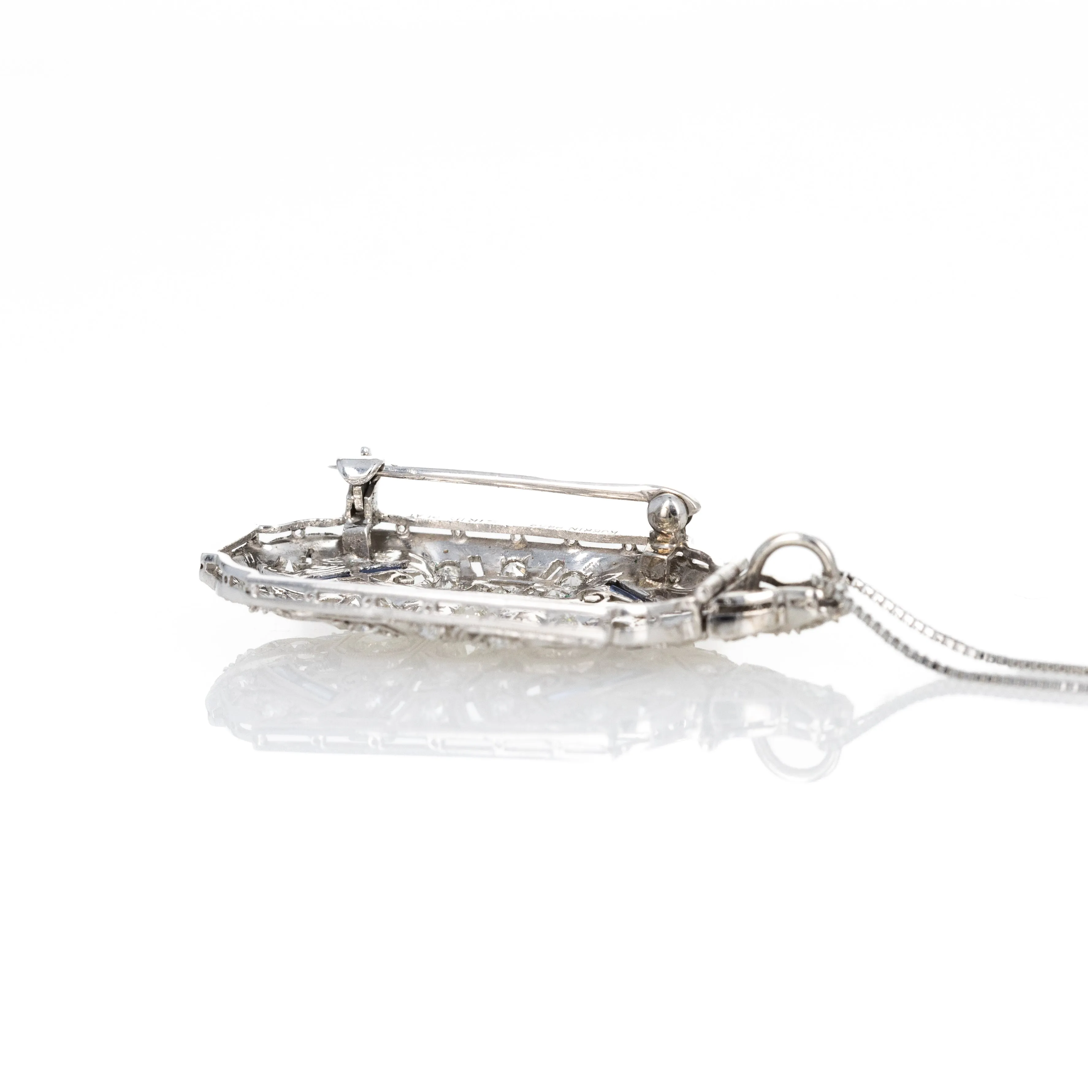 Art Deco Kobrin Bros. Platinum Diamond Synthetic Sapphire Brooch Pendant Conversion Necklace