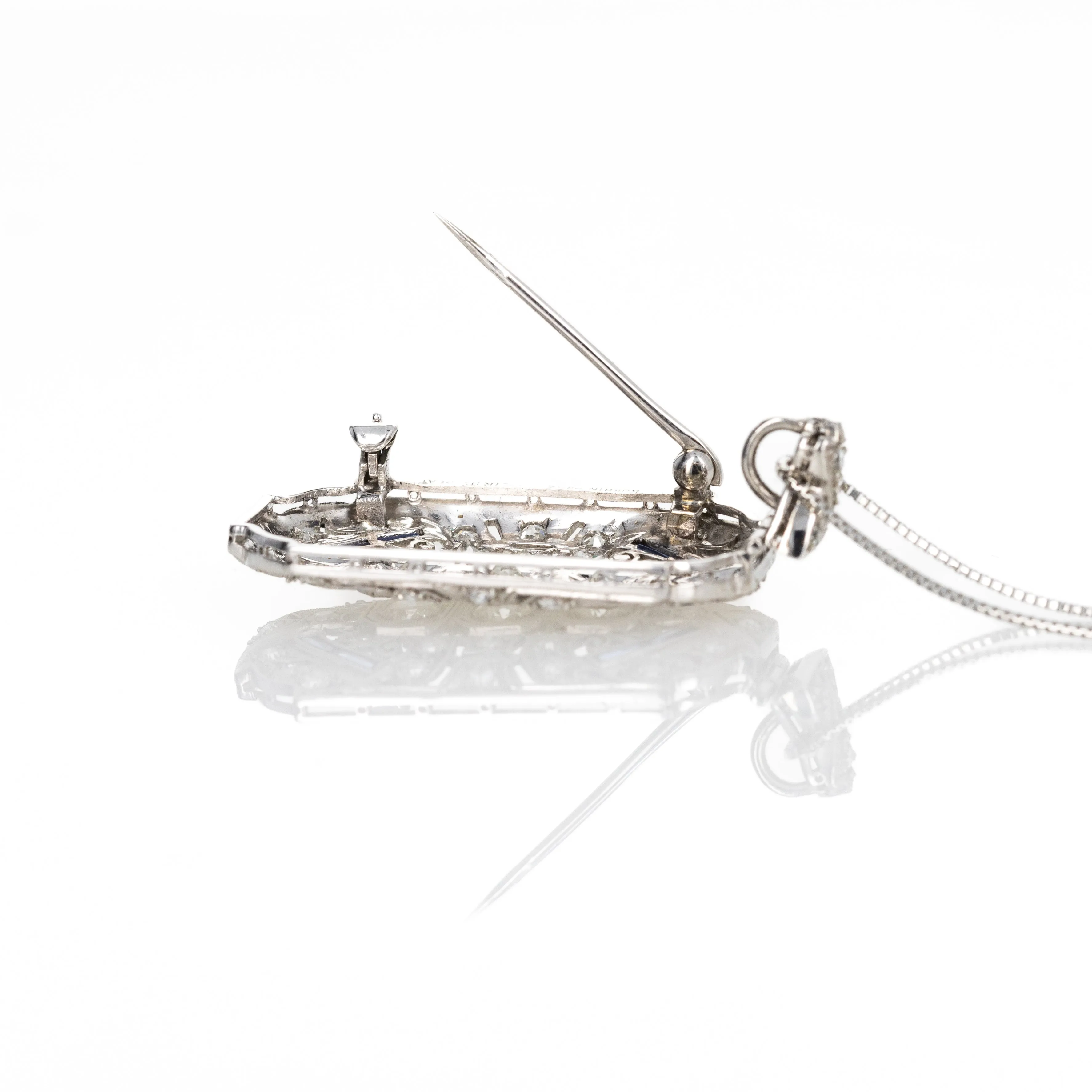 Art Deco Kobrin Bros. Platinum Diamond Synthetic Sapphire Brooch Pendant Conversion Necklace
