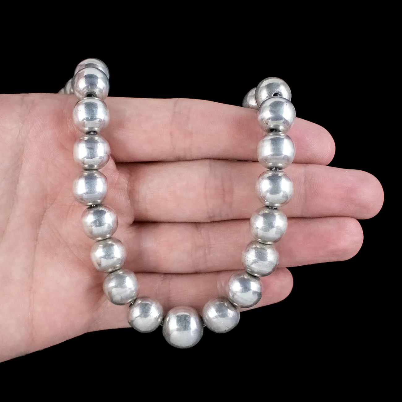 Art Deco Long Bead Necklace Sterling Silver